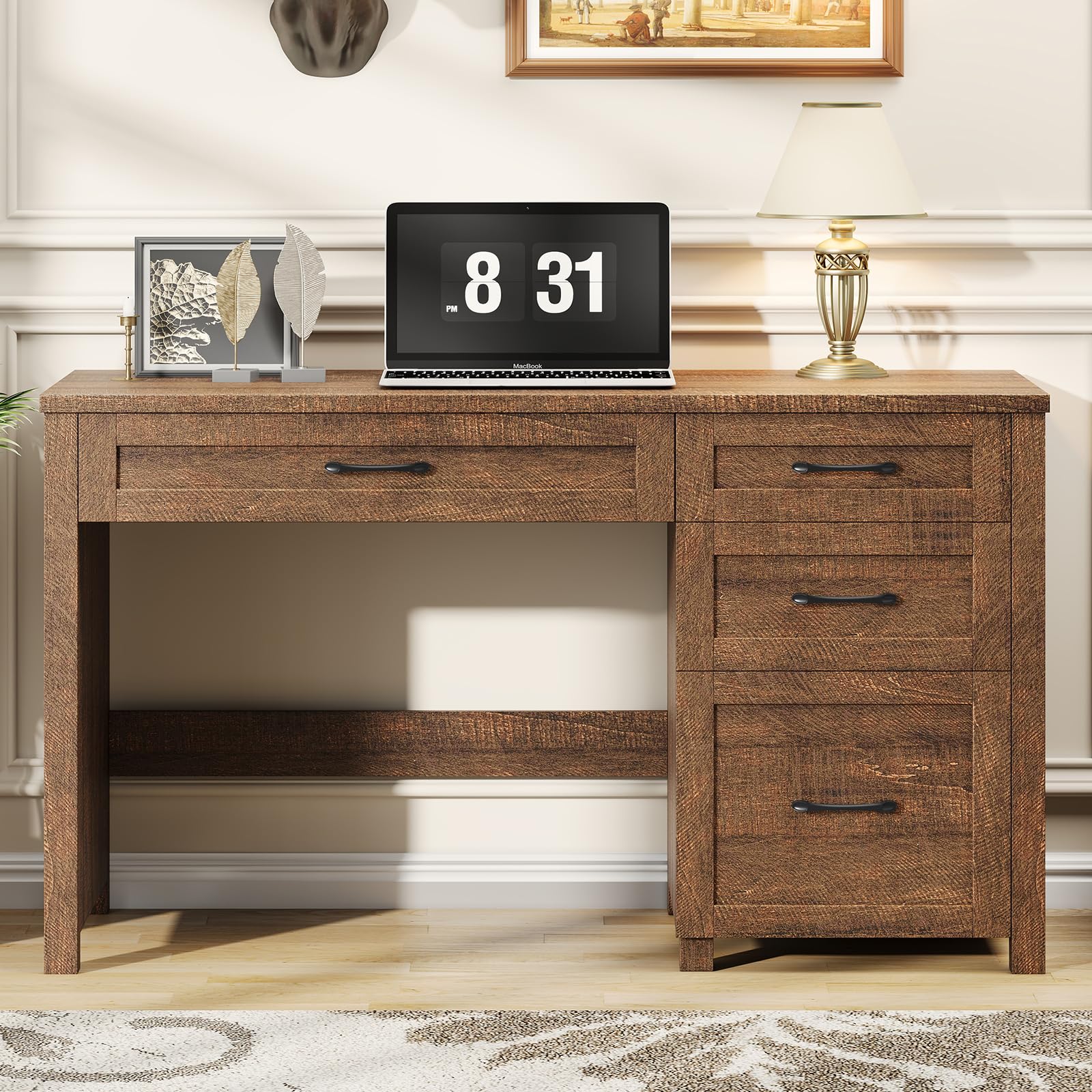 Farmhouse 47" Executive Desk, Computer Desk with File Drawer, Red-Brown
