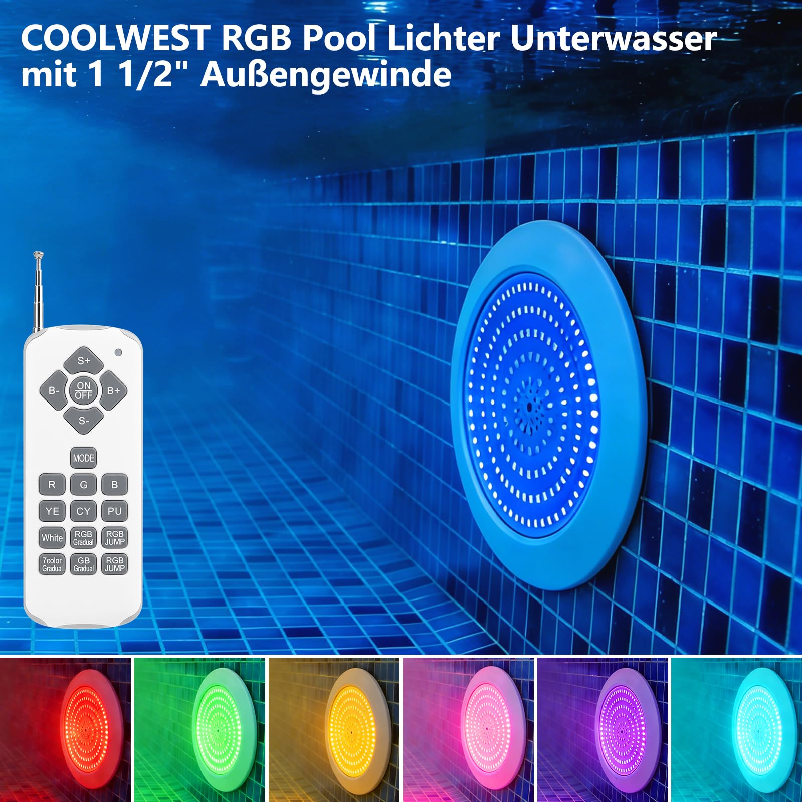 COOLWEST RGB LED Poolbeleuchtung mit 1-1/2 Zoll Außengewinde, 25W Unterwasser Licht, Ø180mm, 12V AC/DC, IP68 LED Poolscheinwerfer für Betonpools und Styroporpools