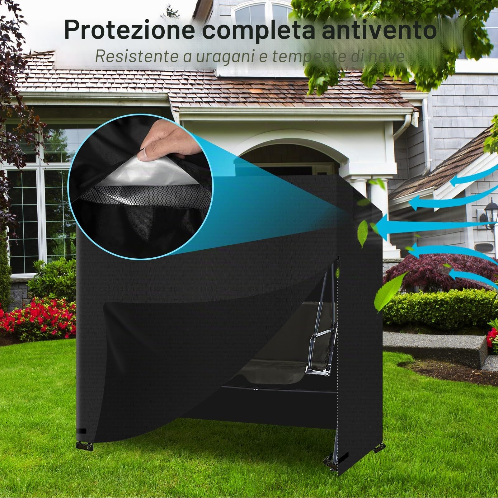 Telo Copri Altalena Esterno, tessuto Oxford 600D impermeabile Copertura Altalena 4 Posti, Telo Protettivo per Dondolo da Giardino anti-UV, Resistente allo strappo, con custodia (220*150*170cm)