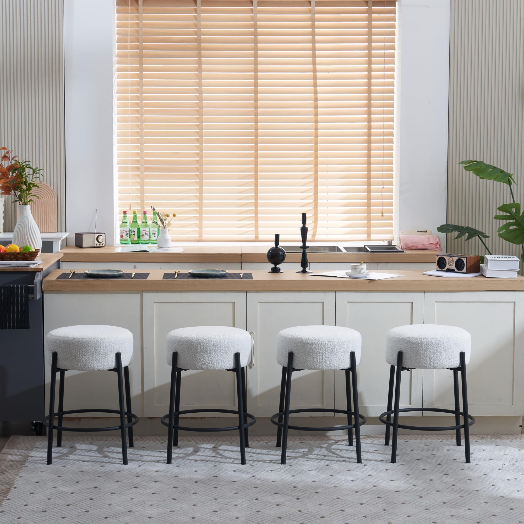 24" Tall, Round Bar Stools, Set of 2 - Contemporary upholstered dining stools for kitchens, coffee shops and bar stores - includes sturdy hardware support legs (Beige) W1901112445