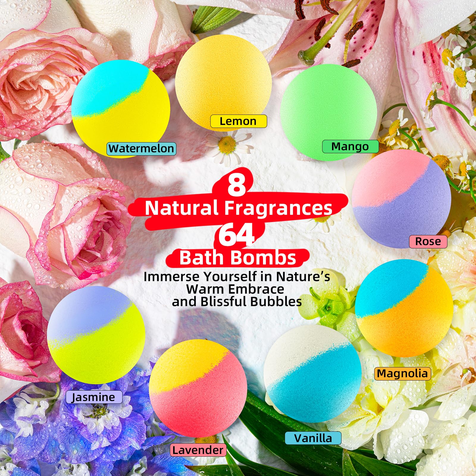 Natural Bath Bombs Bulk Set with Essential Oils, Individually Wrapped