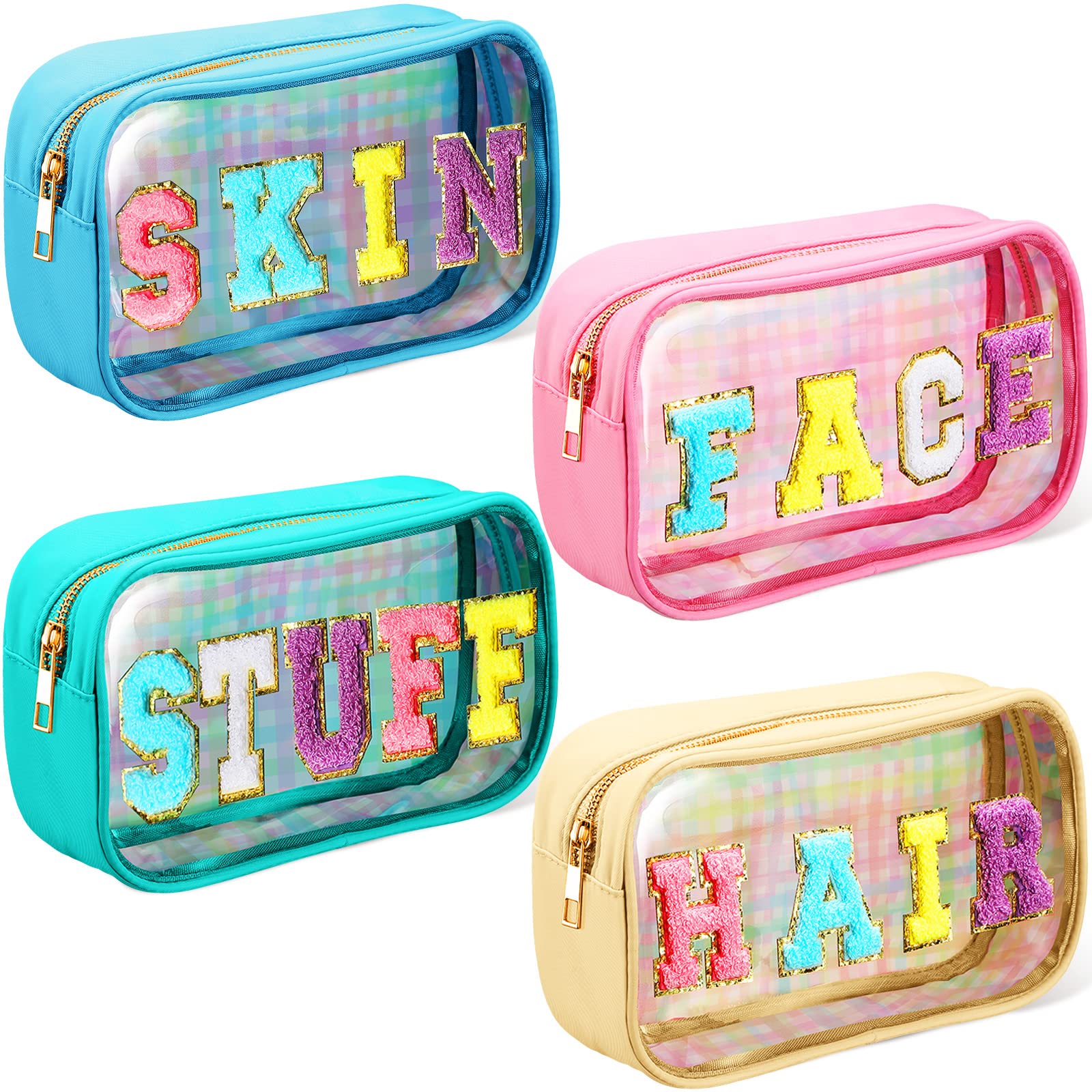 4 Pieces Chenille Letter Cosmetic Bag Set Nylon PVC Clear Waterproof Makeup Pouch Stuff Hair Travel Bag Zipper Multi Purpose Aesthetics Toiletry Organizer for Women Gym Travel Beach (Multicolor)