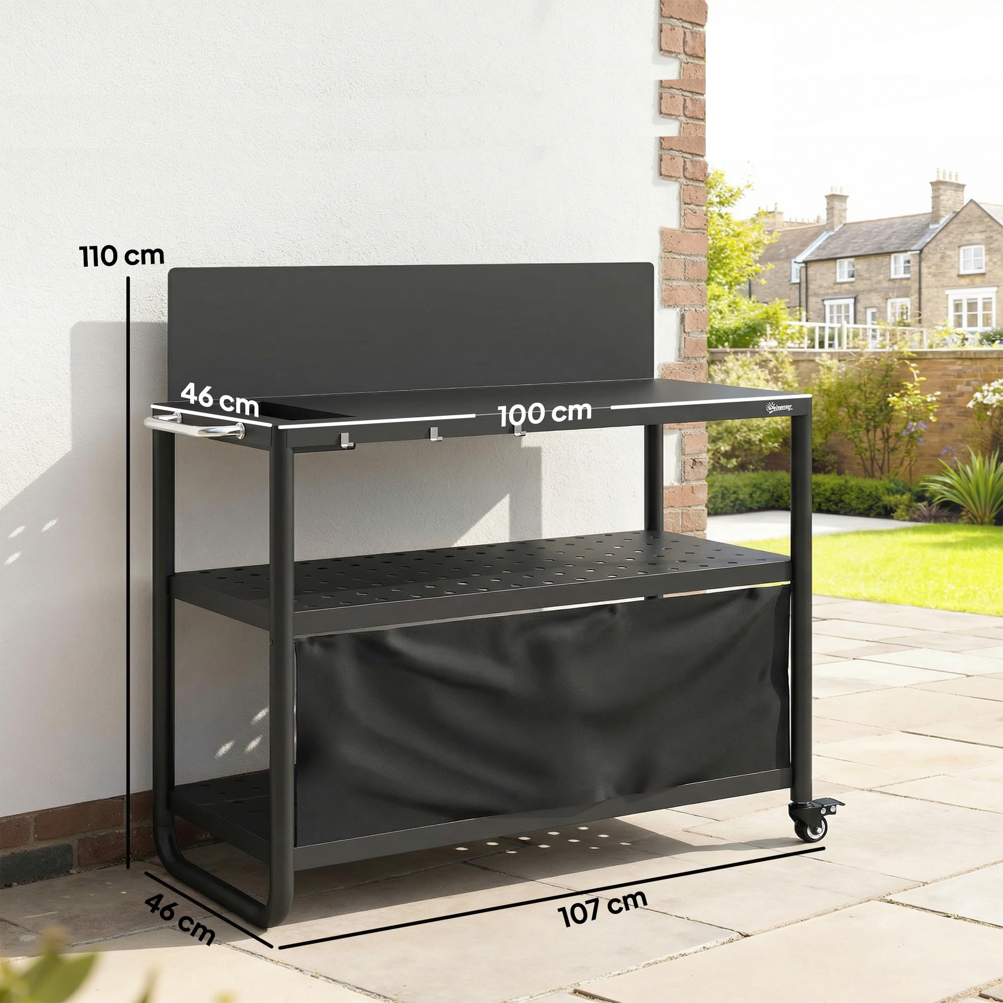 Outsunny Chariot de Barbecue en Acier 100x46x110cm avec Pare-vent - Desserte de Jardin 3 Niveaux Mobile avec Rideau Oxford - Station de Cuisson pour Plancha et Four à Pizza avec Rangement, Noir