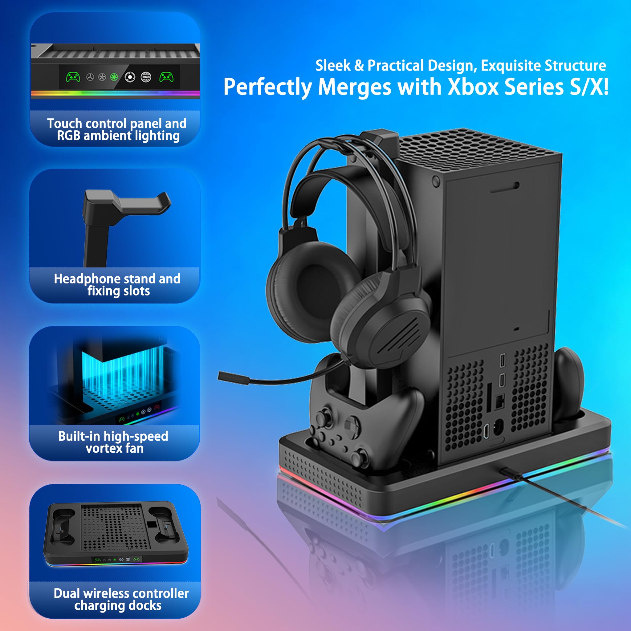 Ventola di raffreddamento verticale automatica e doppia stazione di ricarica per Xbox Series S/Series X con illuminazione ambientale RGB, grande ventola turbo, supporto per cuffie, filtri antipolvere