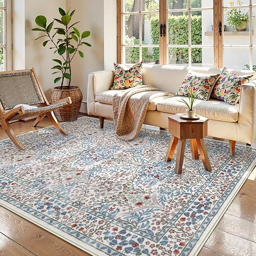 Lahome - Tapete floral lavable suave de 5 x 7 pies, bohemio, antideslizante de pelo bajo, para sala de estar, dormitorio, casa de campo, comedor,