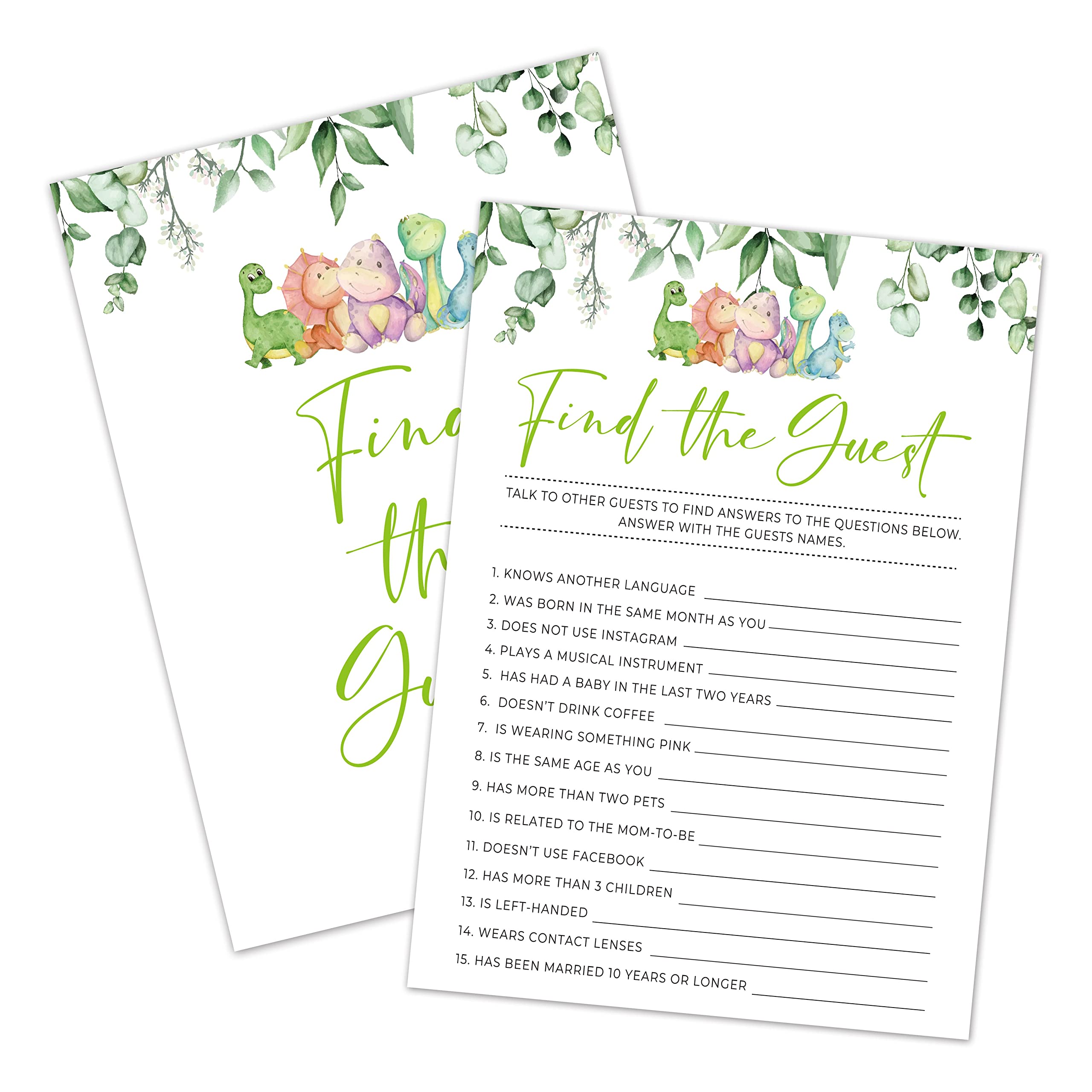 Baby Shower Games, Find The Guest, Greenery, Dinosaur Themed Cards, Baby Gender Reveal Party Game Decorations - 30 Cards (5" x 7")-babygame-C008