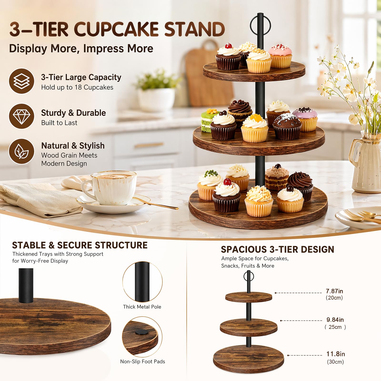 Alzata a 3 ripiani in legno, grande supporto per cupcake, girevole, rotonda, per muffin, torte, dessert, matrimoni, feste di compleanno (diametro 30/25/20 cm)