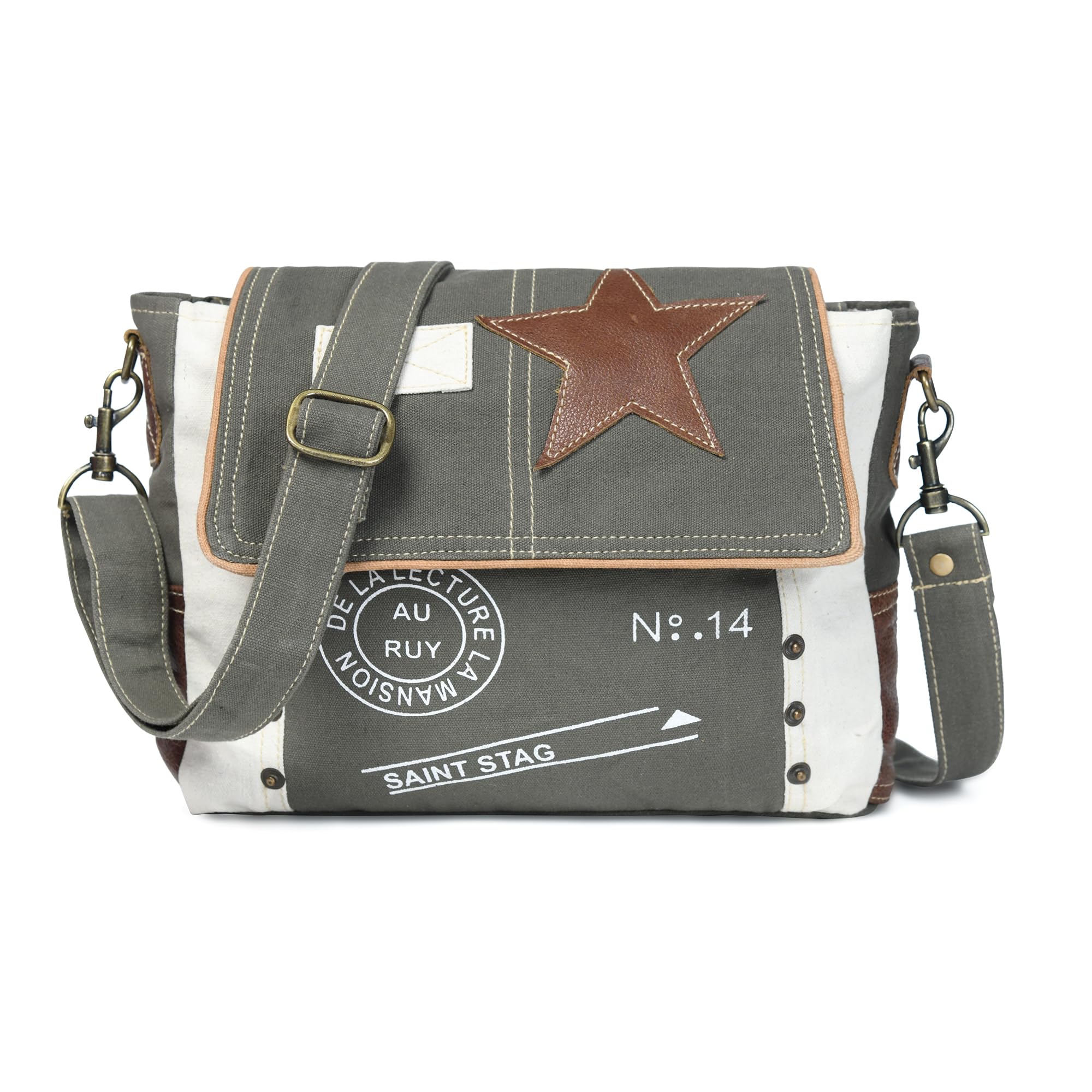 SAINTSTAG Star bag, Upcycled Canvas Bags for Women, Multi Pockets, Shoulder Bags for School, Star Messenger bag, Grey (Star Grey)