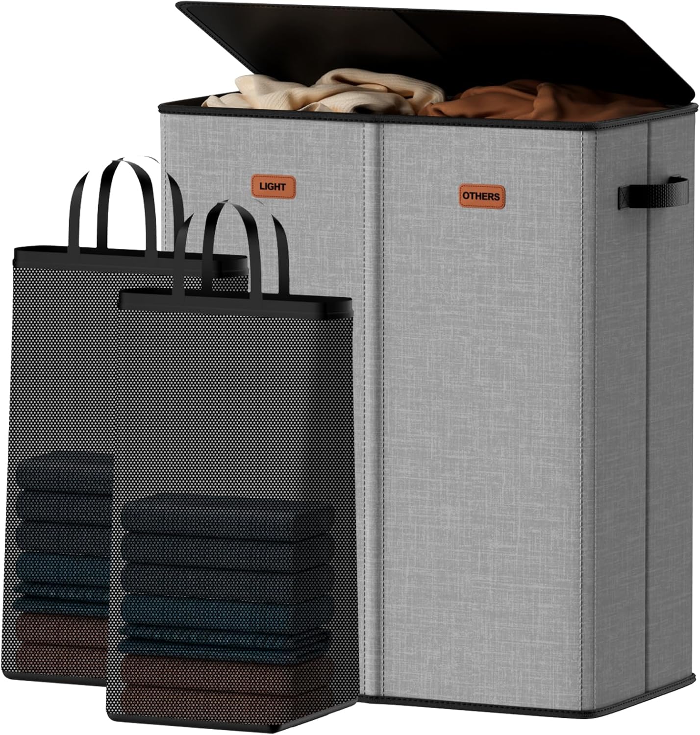 150L Double Laundry Hamper With Lid, Large Clothes Hampers with Removable Bag, Laundry Hamper 2 Section for Bathroom, Bedroom, Laundry Room, Dorm, Grey