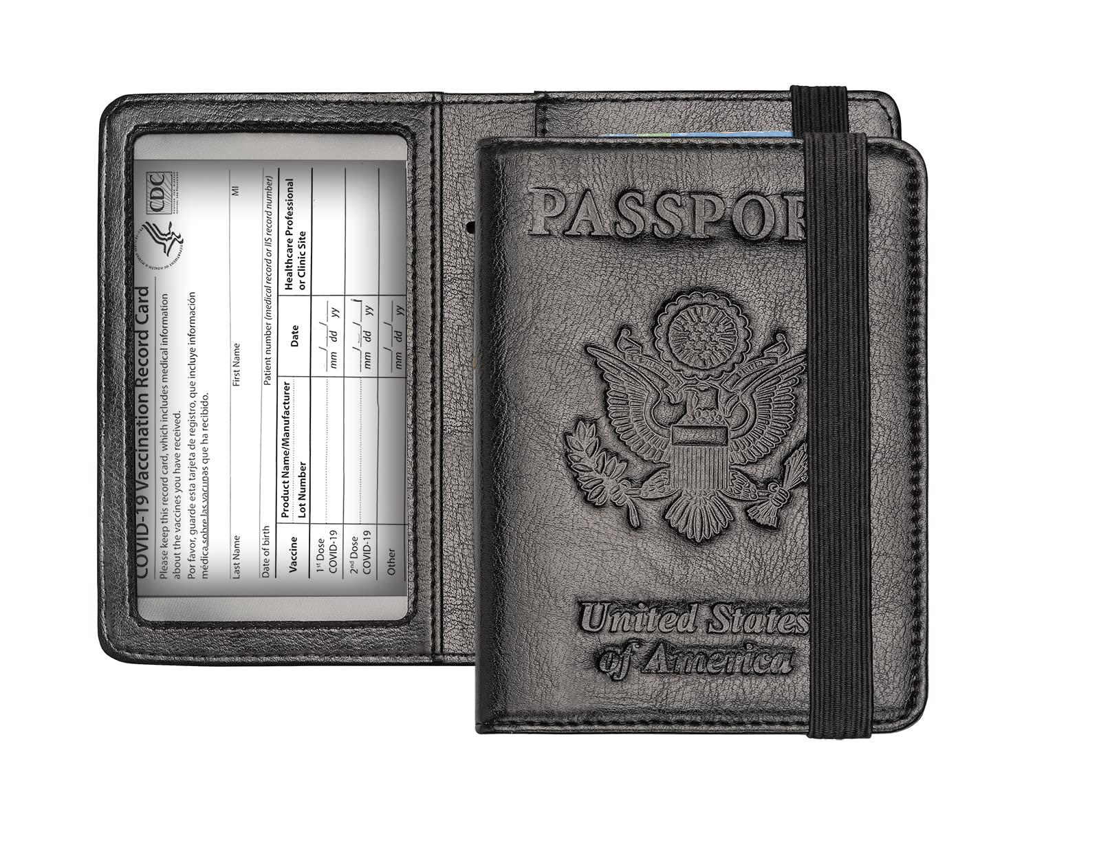 Passport and Vaccine Card Holder Combo, Passport Cover Case with CDC Vaccination Card Slot, Leather Travel Documents Organizer Protector, with RFID Blocking (Black, Modern)