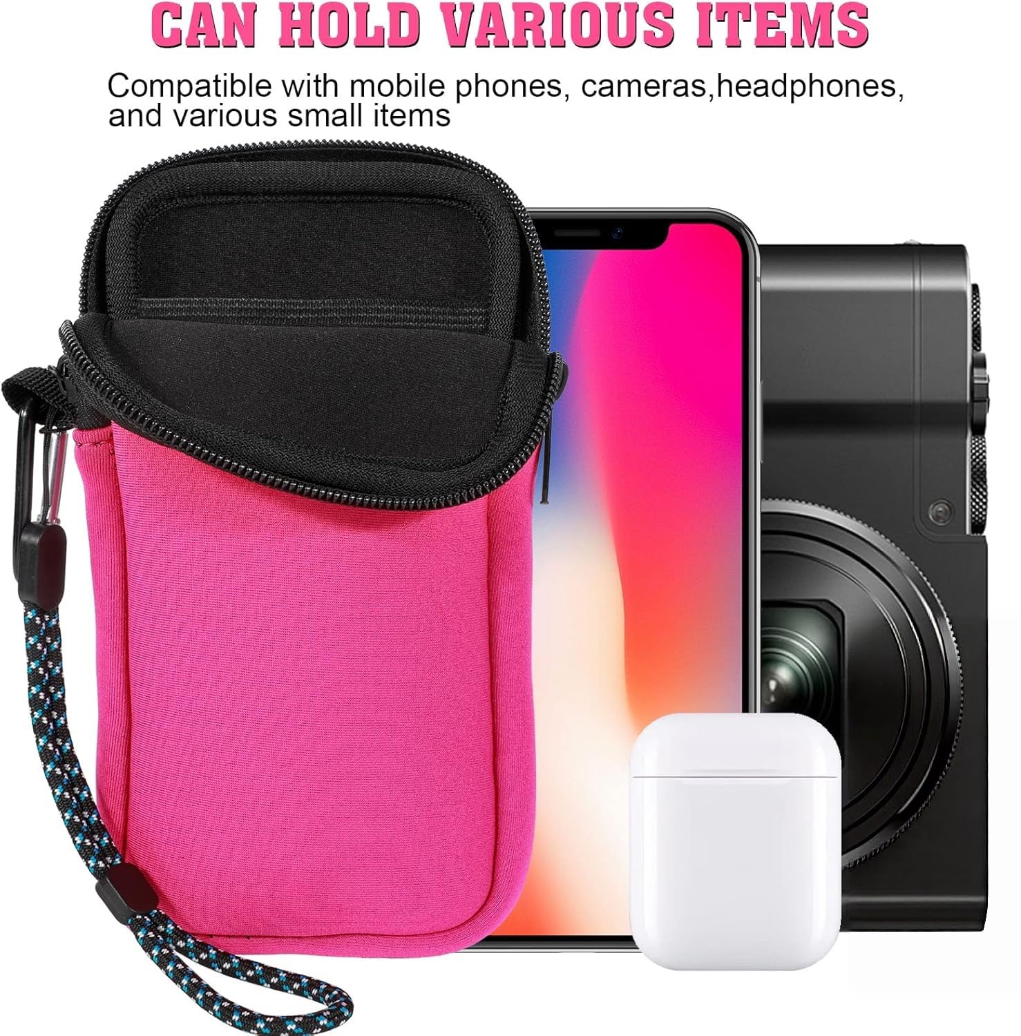 Custodia in Neoprene con Cerniera per Smartphone, Universali Astuccio Portacellulare a Sacchetto Borsa Verticale impermeabile Custodia per Telefono con Cordino e Moschettone for iPhone, Samsung, Rosa