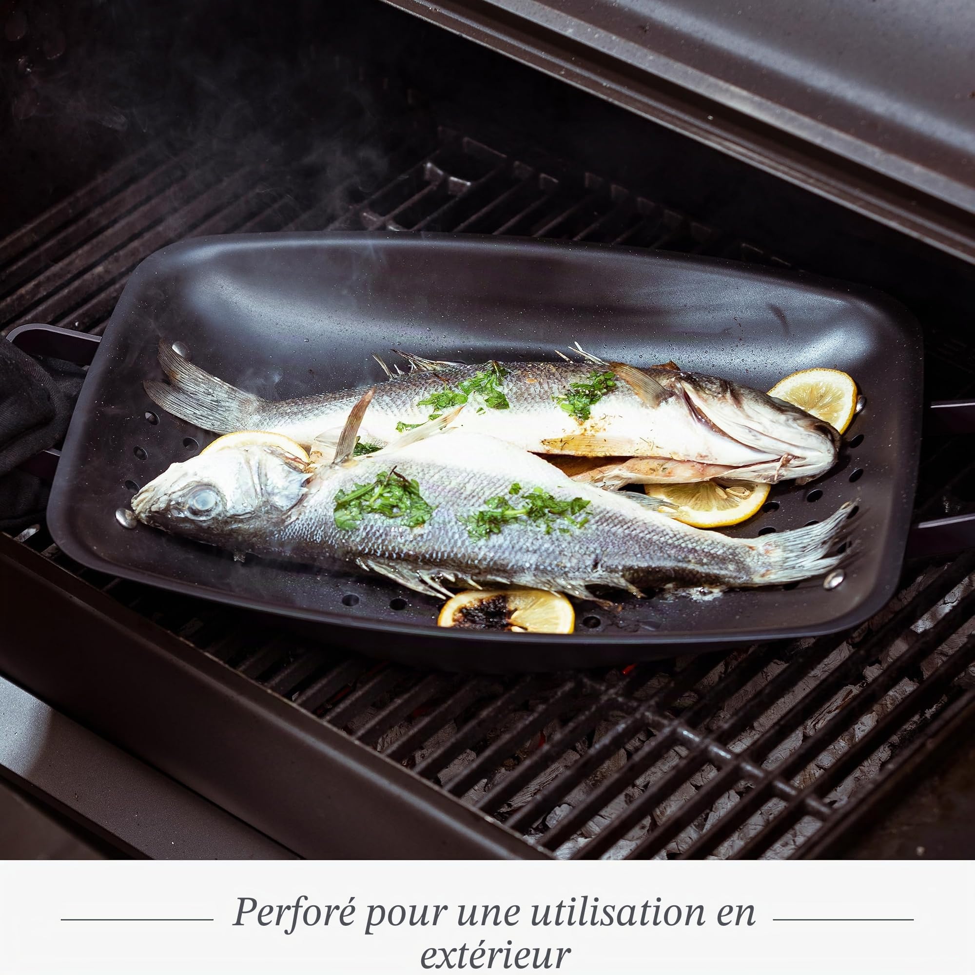 Merten & Storck Carbon Steel BBQ Plaque à Griller Plancha Perforée en Fonte, 28,7cm x 48,8cm, Perforations pour Évacuation d’Huile et Gras, Barbecue, Camping, Grillades, Cuisson en Plein Air, Noir