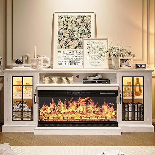 Miniatura 8 de MXV 70'' Fireplace TV Stand, Farmhouse Entertainment Center with 3 Sided Glass TV Stand, Modern Media Console Table with Storage Drawers & Cabinets