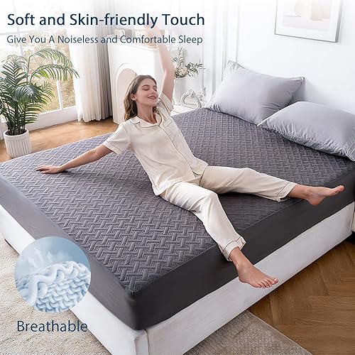 Miniatura 3 de Protector de colchón impermeable transpirable sin ruido, funda de colchón de cama tamaño Queen con bolsillo profundo de 6 a 18 pulgadas de
