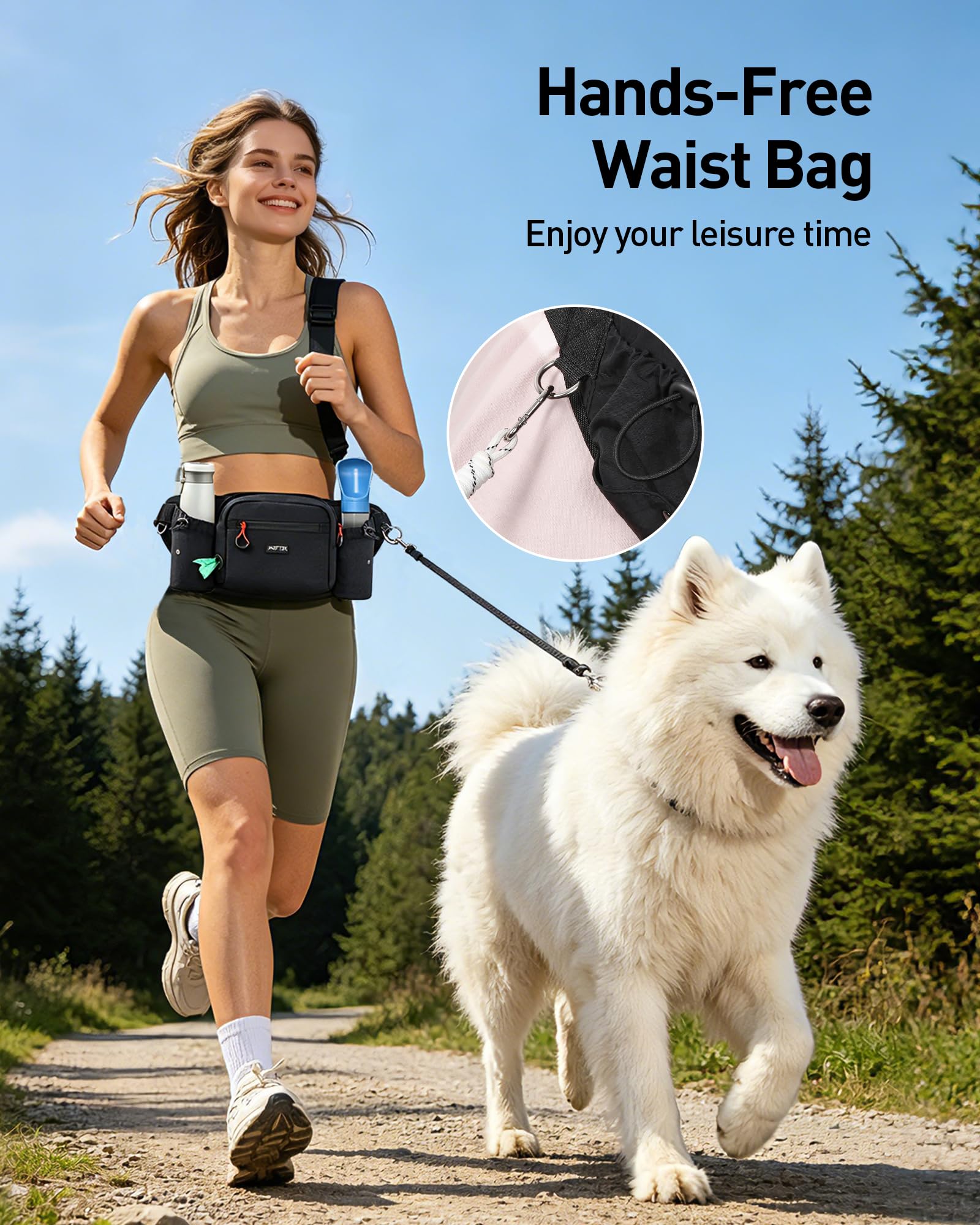 AGPTEK Sac à Friandises pour Chien, Sac Banane Grande Capacité Dressage Canin, Imperméable, Poche Amovible, Porte-Gourde, Distributeur de Sacs à Déjections, Fermeture Étanche, Sangle Ajustable, Noir