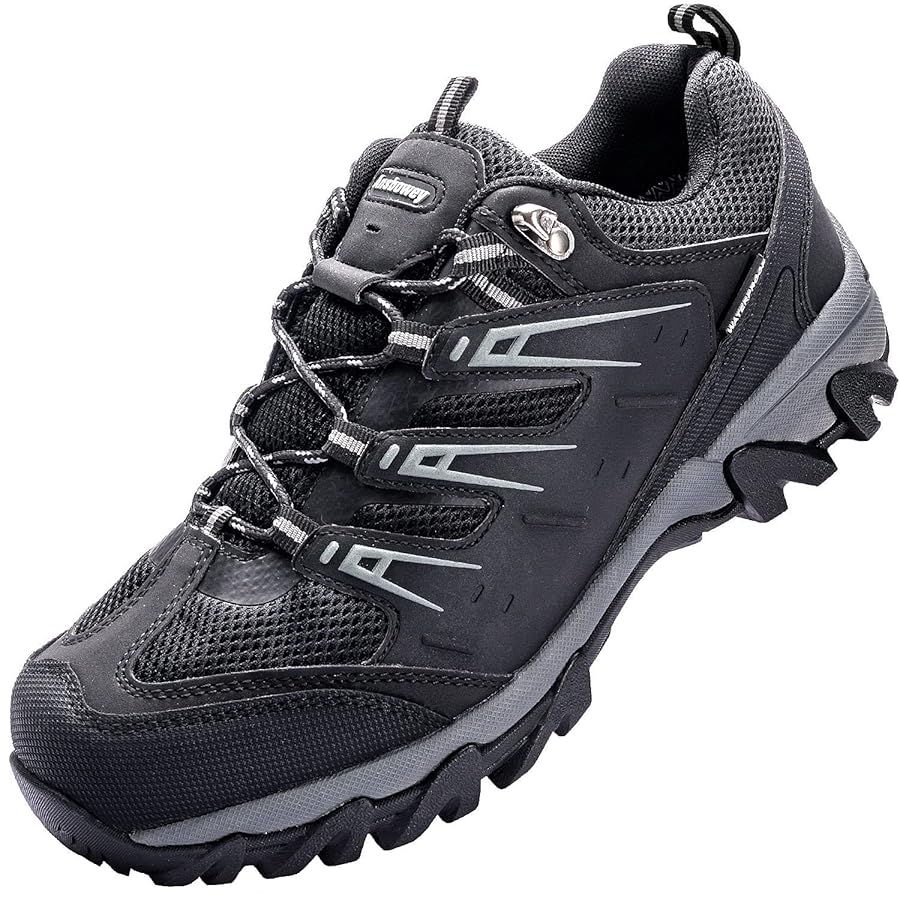 Close-up view of waterproof walking shoe features and construction