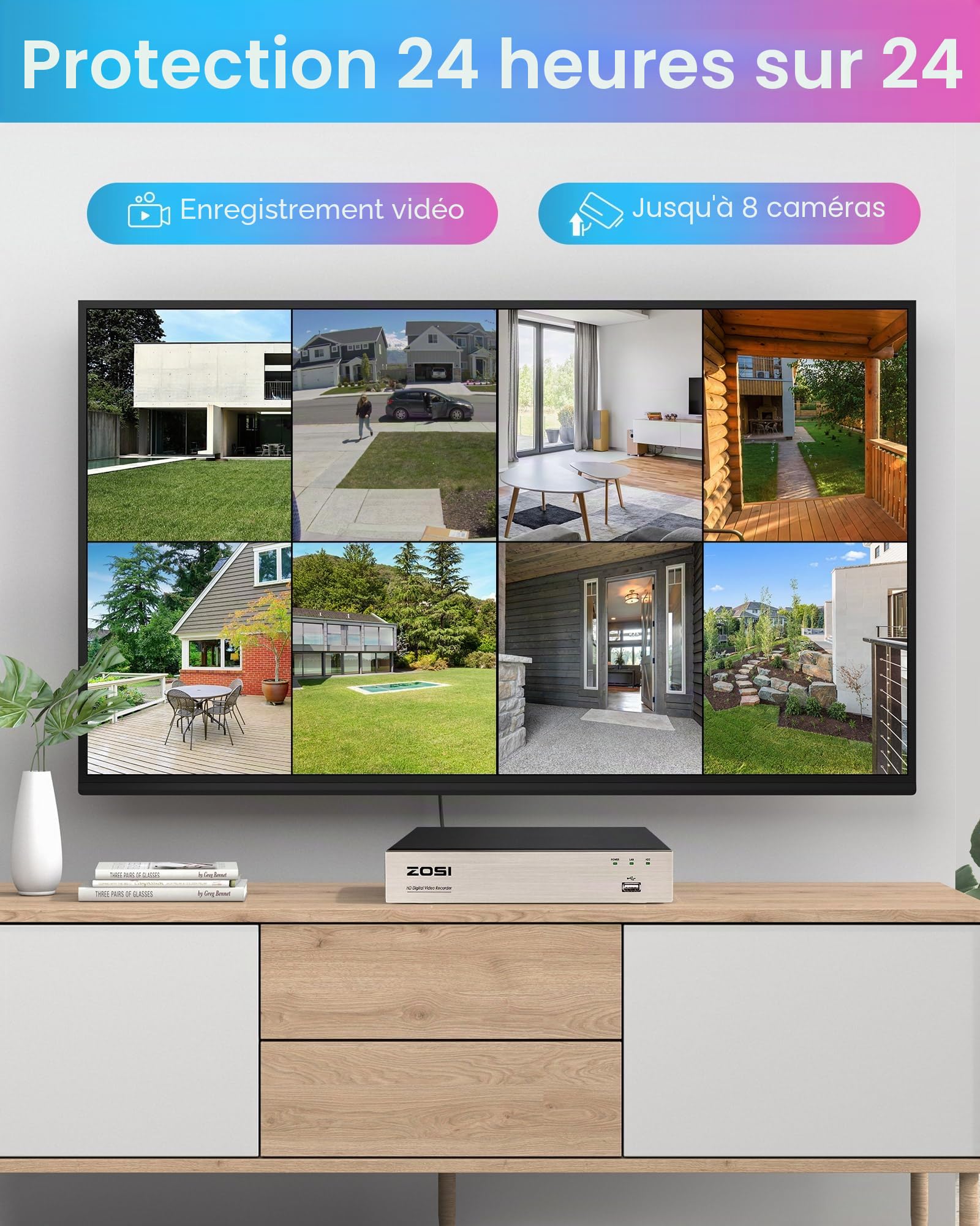 ZOSI 8CH 1080P Kit Surveillance DVR 1To avec Caméra Extérieure Filaire 2MP | Détection IA Personne et Véhicule, Alerte Instantanée et APP Gratuite pour Accès à Distance