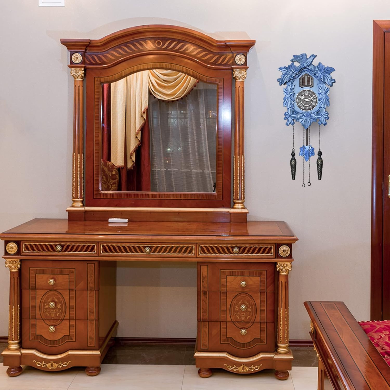 TIMEGEAR Cuckoo Clock with Night Mode, Hand Carved Decorations and Swinging Pendulum (Blue)