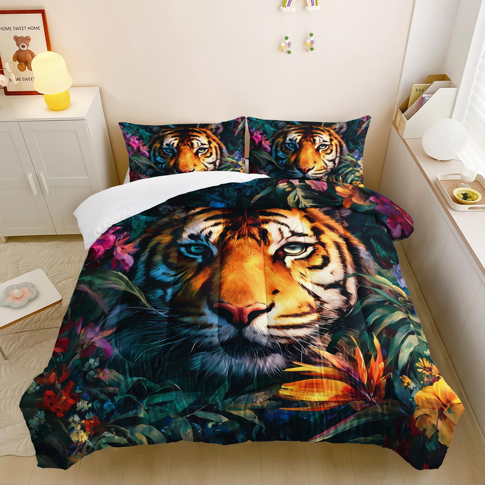 3Pcs Tiger Comforter Set Queen Size Plants Colorful Flowers Print Bedding Set,3D Wild Animals Comforter Set for Kids Boys Girls Room Decor,Wildlife Theme Bedding Set