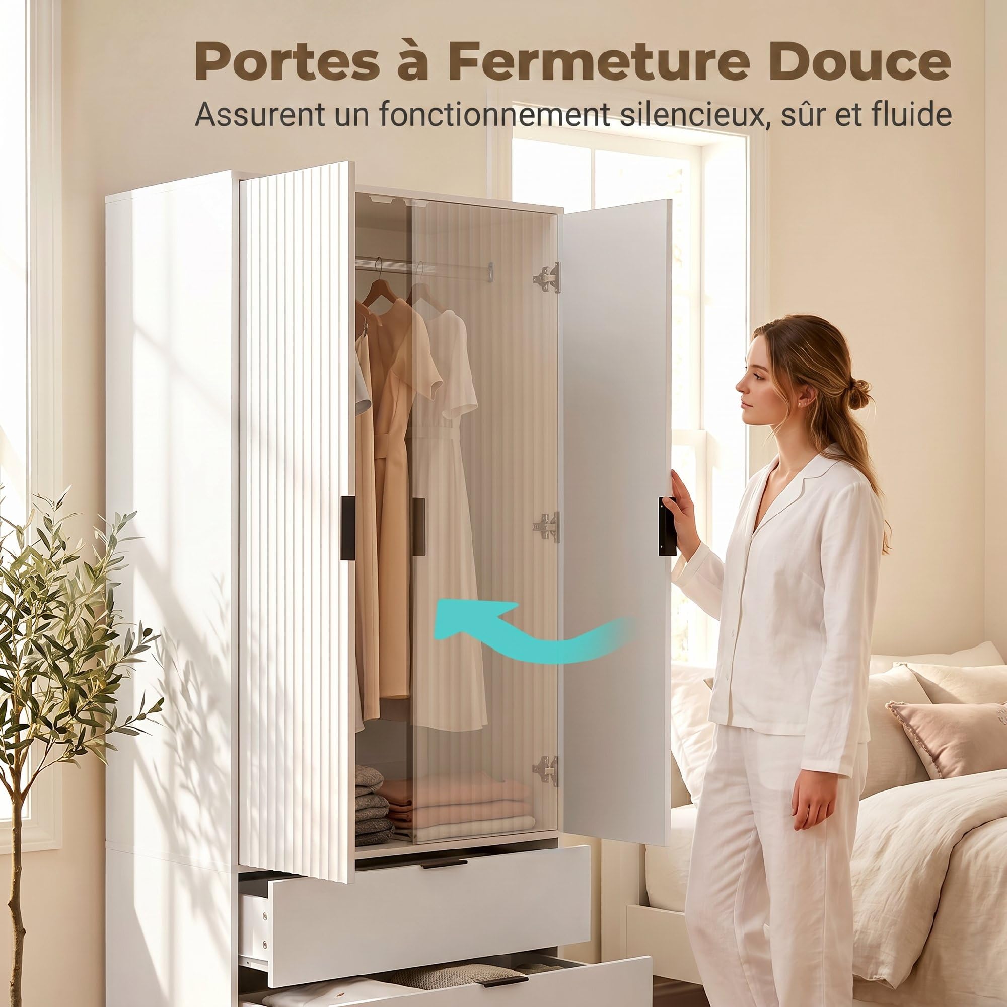 HOMCOM Armoire Chambre penderie avec 2 Portes cannelées à Fermeture Douce, 2 tiroirs et Barre de Suspension, Armoire à vêtements, Dressing, Style Moderne, 80 x 50 x 180 cm, Blanc