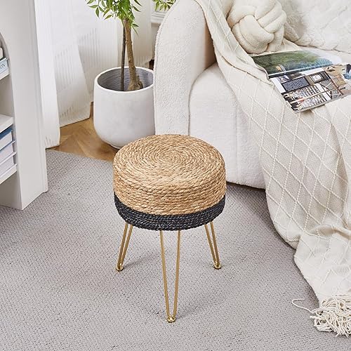 Miniatura 4 de Cpintltr Natural Seagrass - Pufs de tejido a mano, taburete otomano de terciopelo, taburete otomano redondo con patas de metal para sala de estar,