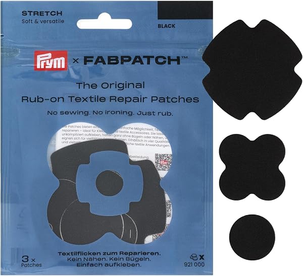 Prym FabPatch STRETCH Rub-on Patch (3 Stück) – Selbstklebende bi-elastische Reparaturflicken für Sportbekleidung, Leggings, Jacken & Sneaker (schwarz) - 1