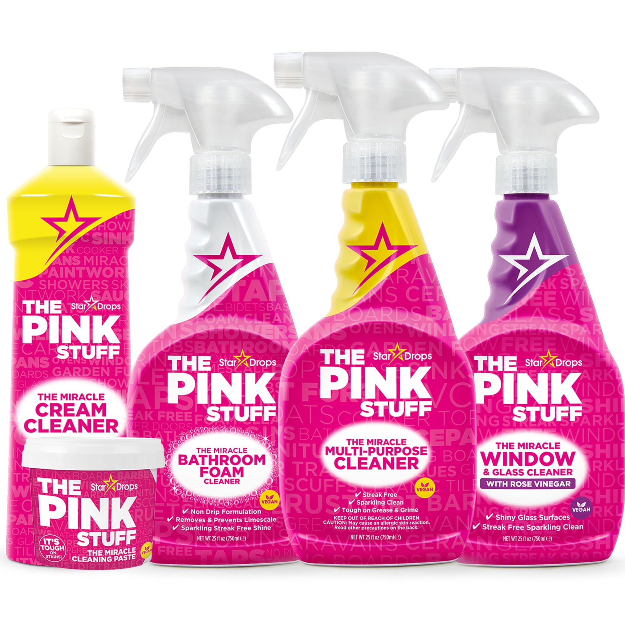 Stardrops - The Pink Stuff - The Miracle Cleaning Paste, Multi-Purpose Spray, Bathroom Foam Spray, Window & Glass Cleaner, and Cream Cleaner Bundle