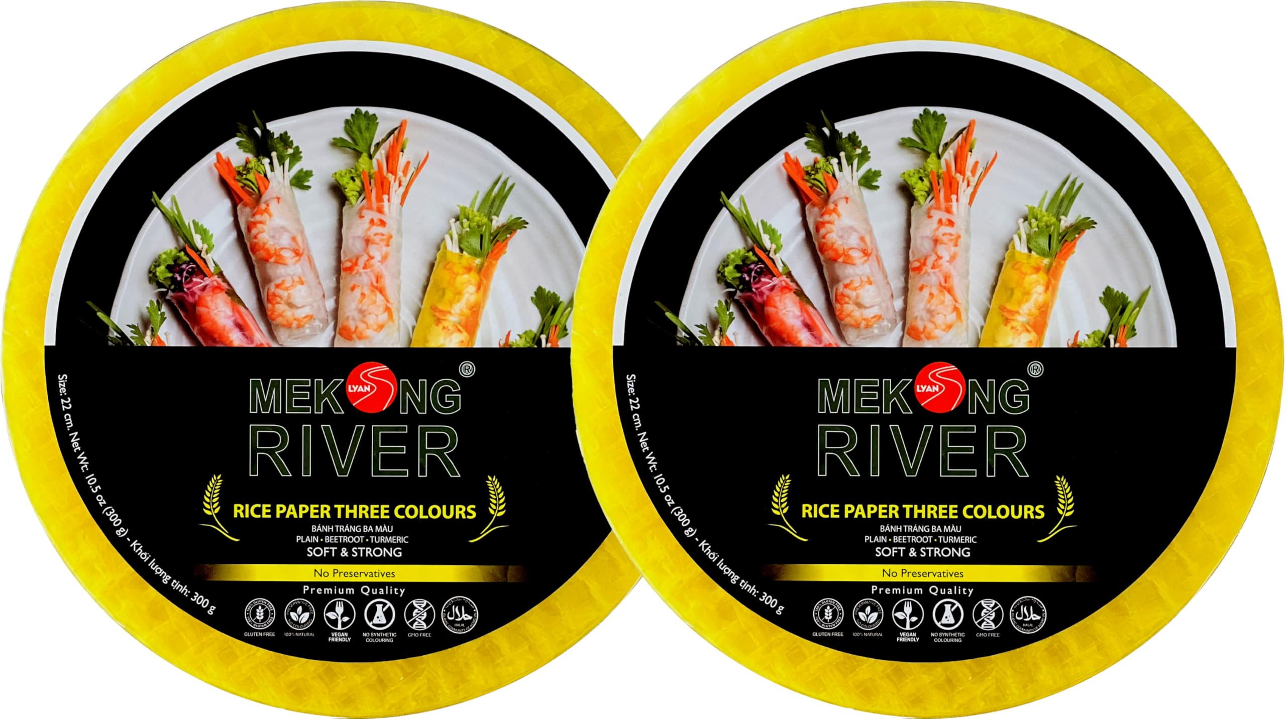 Lyan Mekong River Banh Trang Vietnamese Three Colours Rice Paper Round, 22cm - 300g - Pack of 2 | Gluten-Free | Vegan | 100% Natural Rice Paper