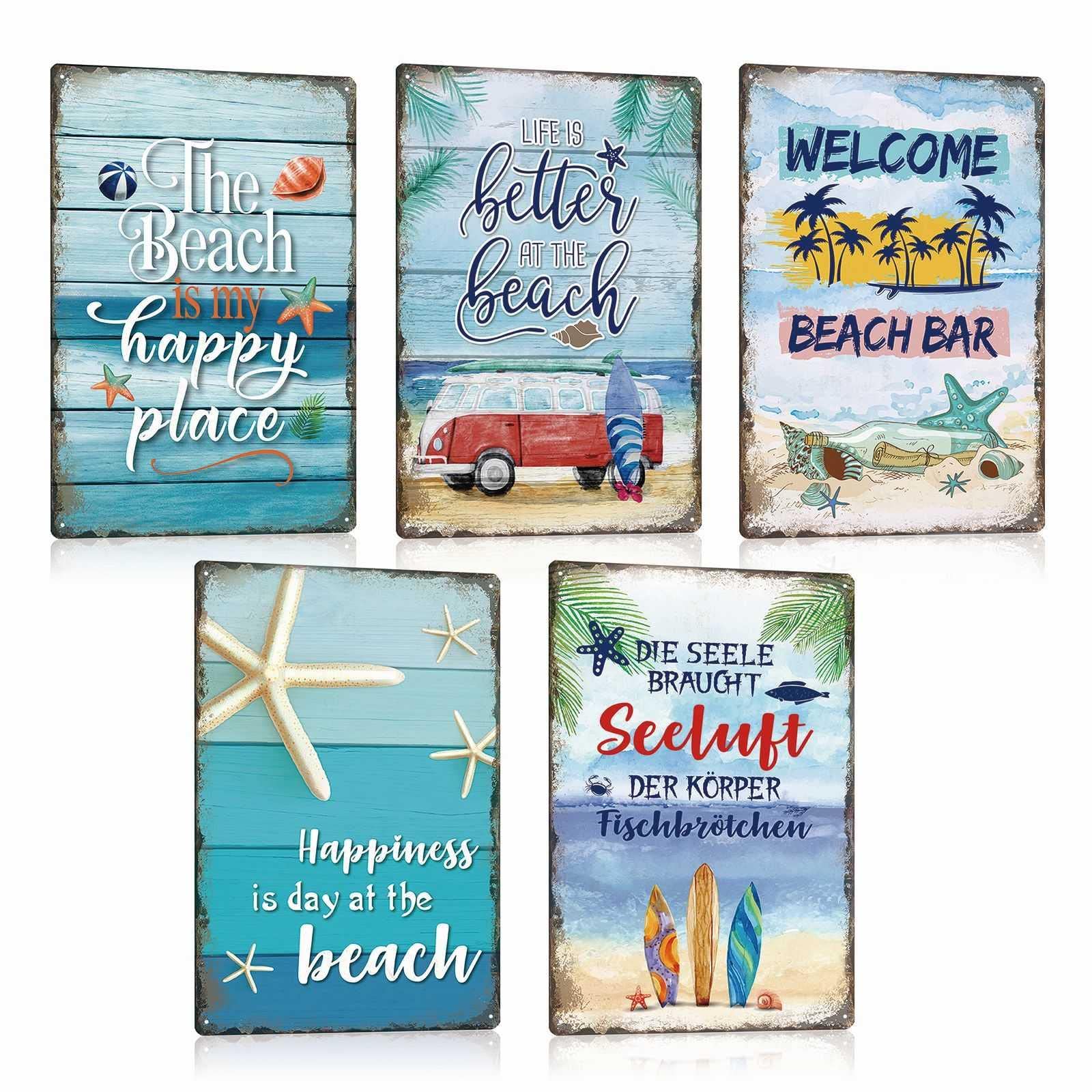 ESFIVHO Set of 5 Tin Sign Beach Sea Landscape – Metal Sign with Saying – THE BEACH IS MY HAPPY PLACE – LIFE IS BETTER AT THE BEACH – DIE SEELE BRAUCHT SEELUFT – Vintage Sign Gift