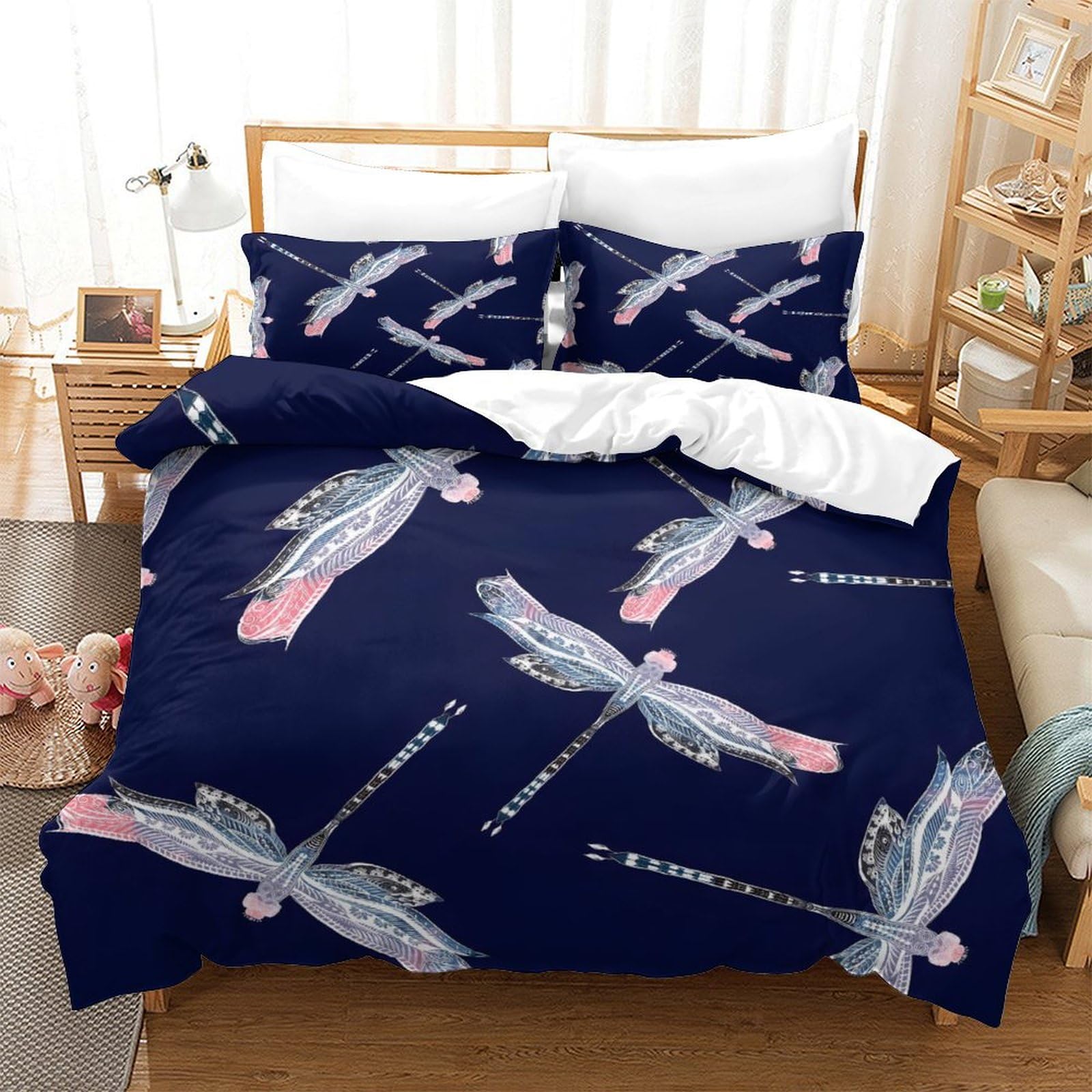 LIAOHENKAN Detailed Drawn Dragonfly Duvet Cover Set Full Size Bedding for Teens Adults 3Pcs Ultra Soft Comforter Set with Zipper Closure Breathable Quilt Set, Easy Care Super King（260x220cm）