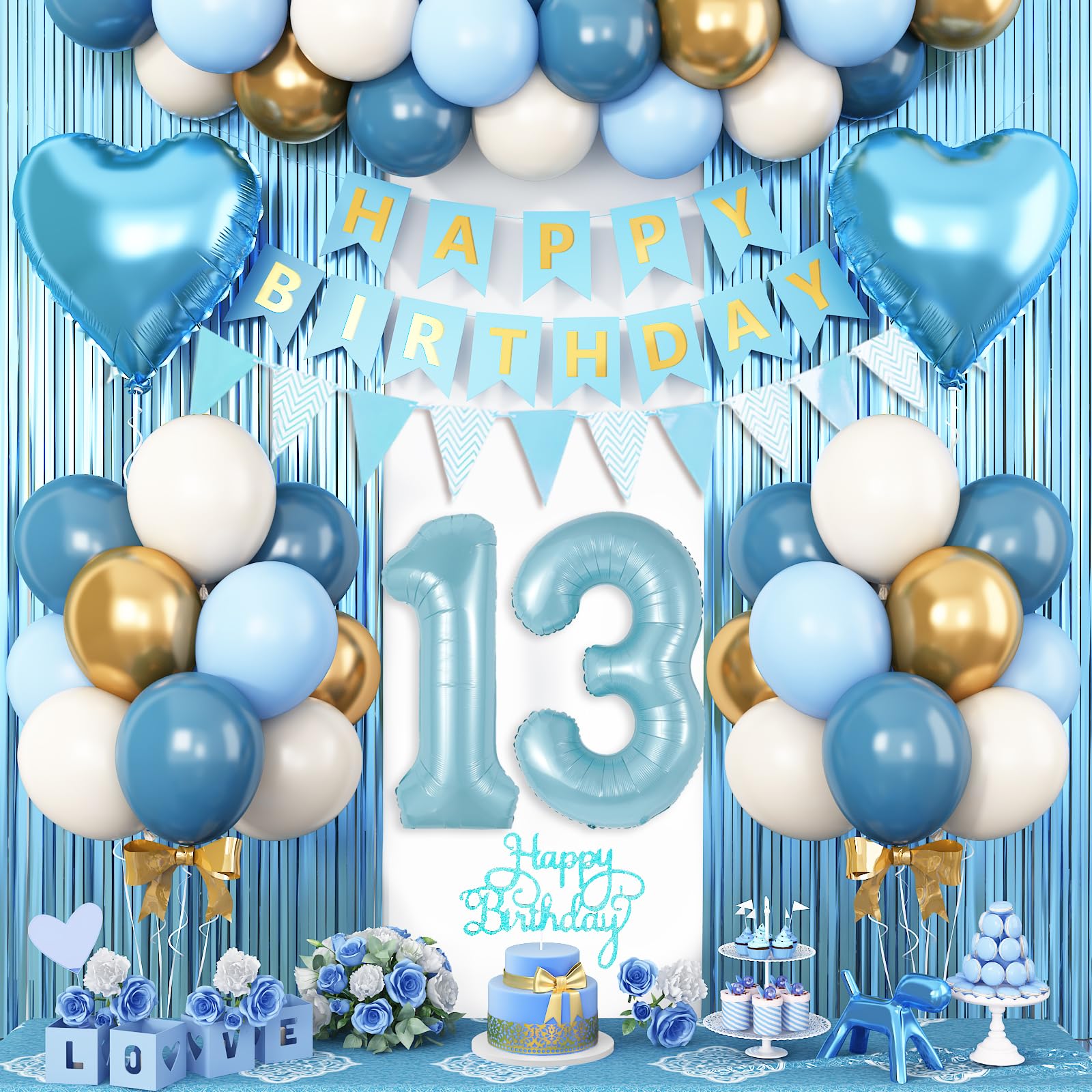 13th Birthday Decorations Blue White Gold,13th Birthday Balloons with Happy Birthday Banner Fringe Curtain Heart Foil Balloons for Boys Girls 13 Year