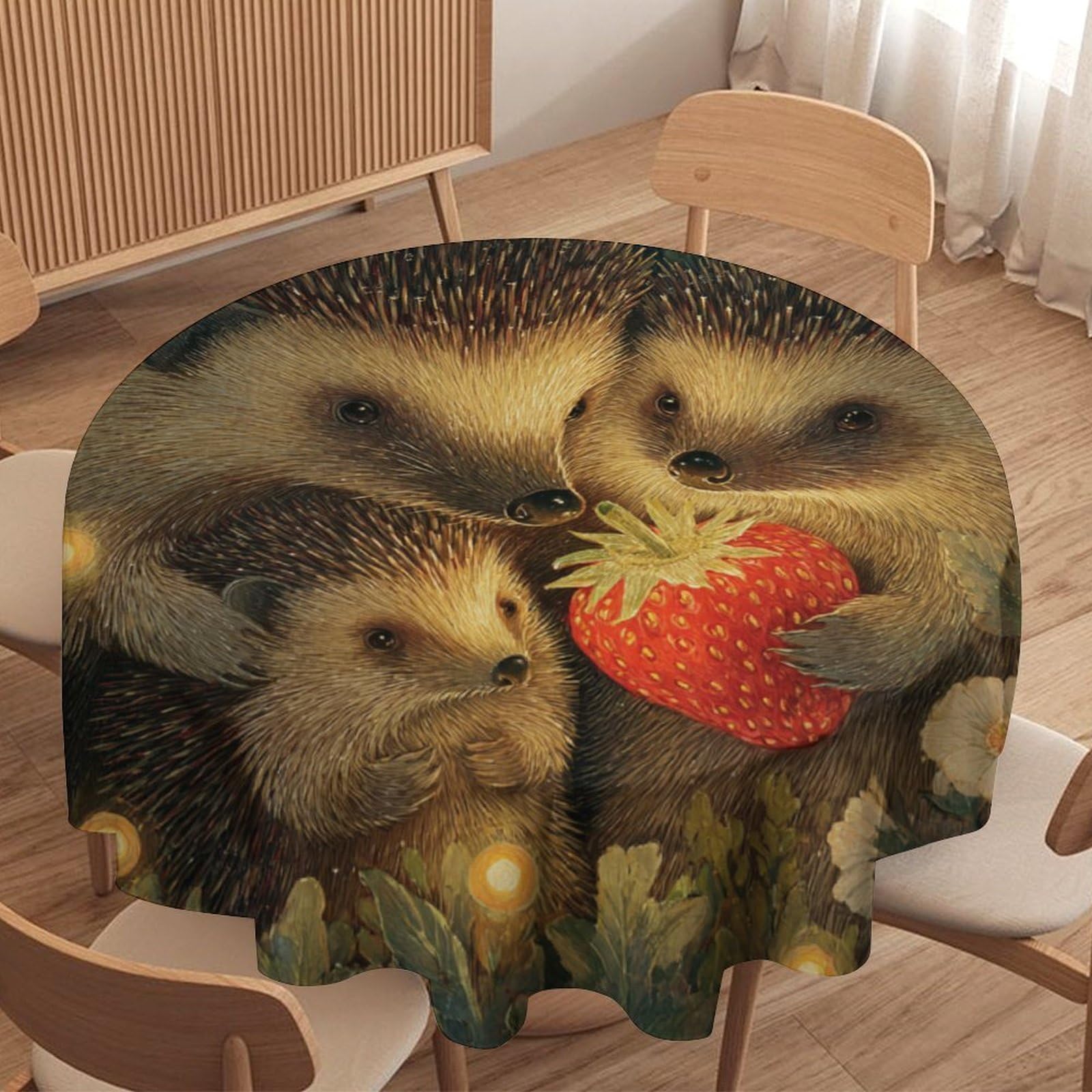 LUYYSKY Beautiful Abstract Cute Hedgehog Round Tablecloth Colorful Spring Forest Daisies Flowers Animals Hedgehogs Print Washable Decor for Table Cover for Kitchen-177.8" Wx177.8 L cm