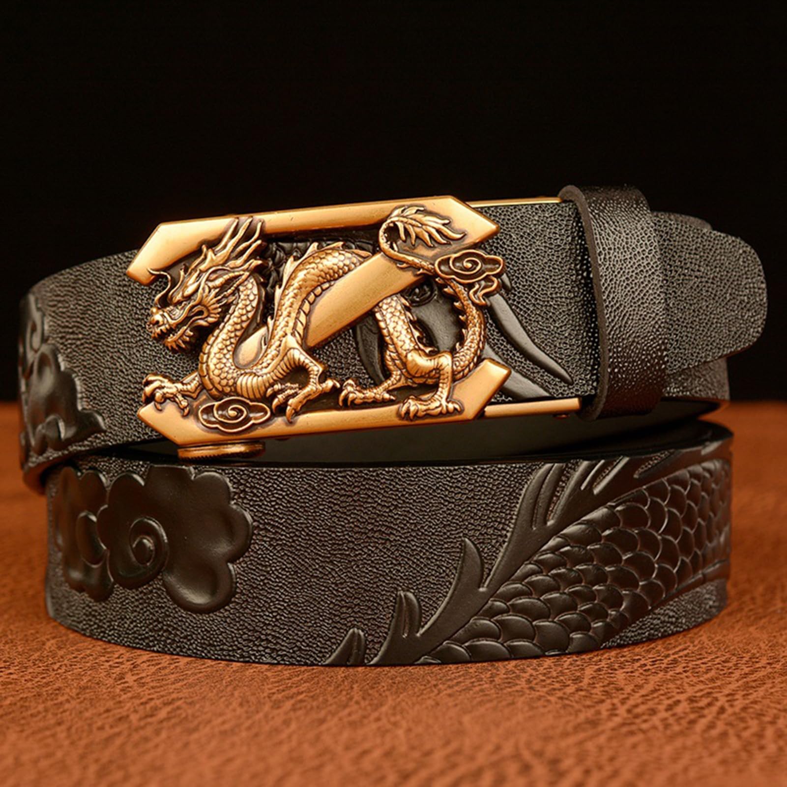 Cinturón De Vestir De Carraca para Hombre Hebilla Automática Deslizante Dragón Tallado Occidental En Relieve Cuero De Vaca De Grano Completo Correa De Grueso(110cm/43, Dragon-G)