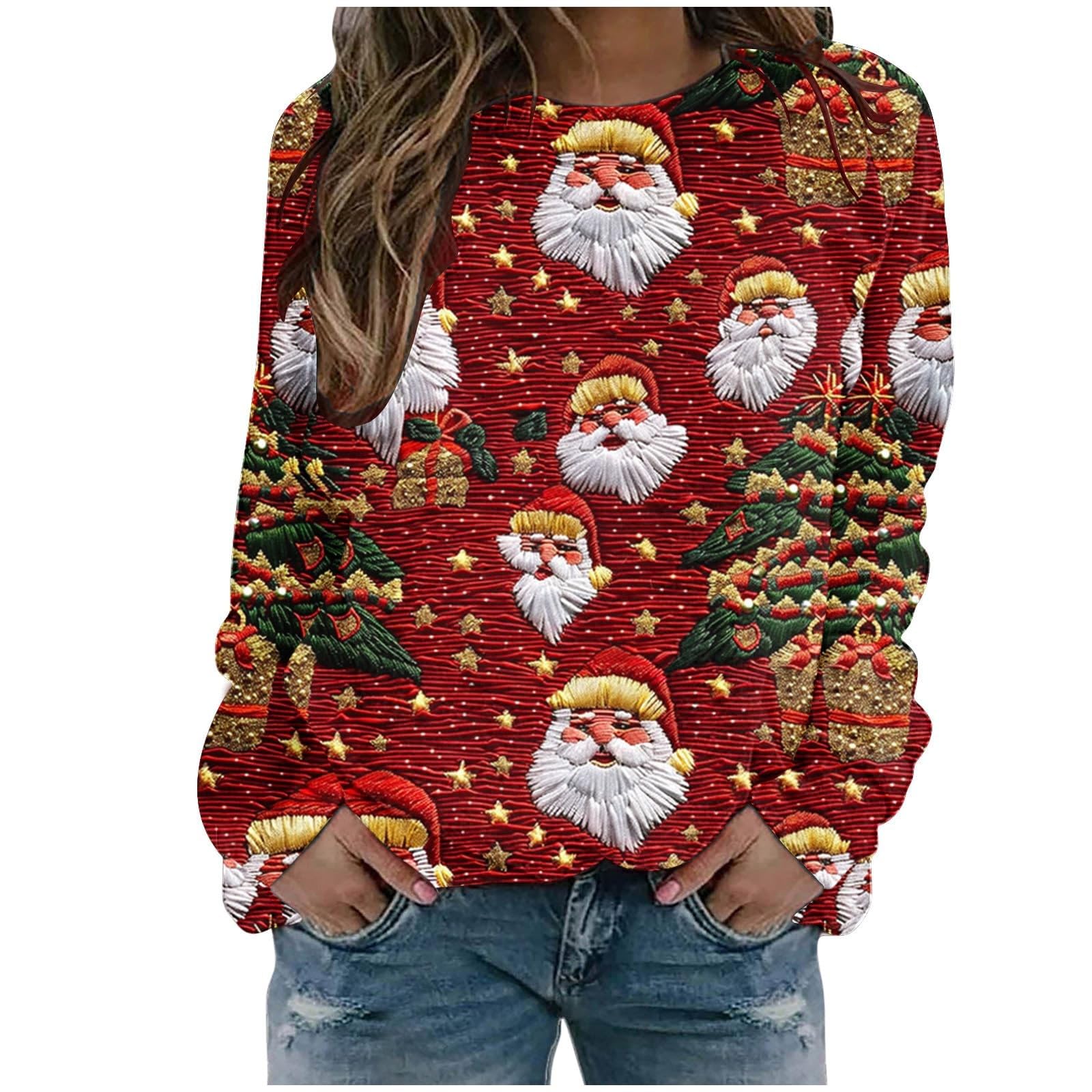 Christmas Shirt Women's Large Sizes Long Sleeve Christmas Jumper Funny Cotton Christmas Jumper Rudolph Reindeer Print Christmas Jumper Basic Long Sleeve Merry Christmas Shirt