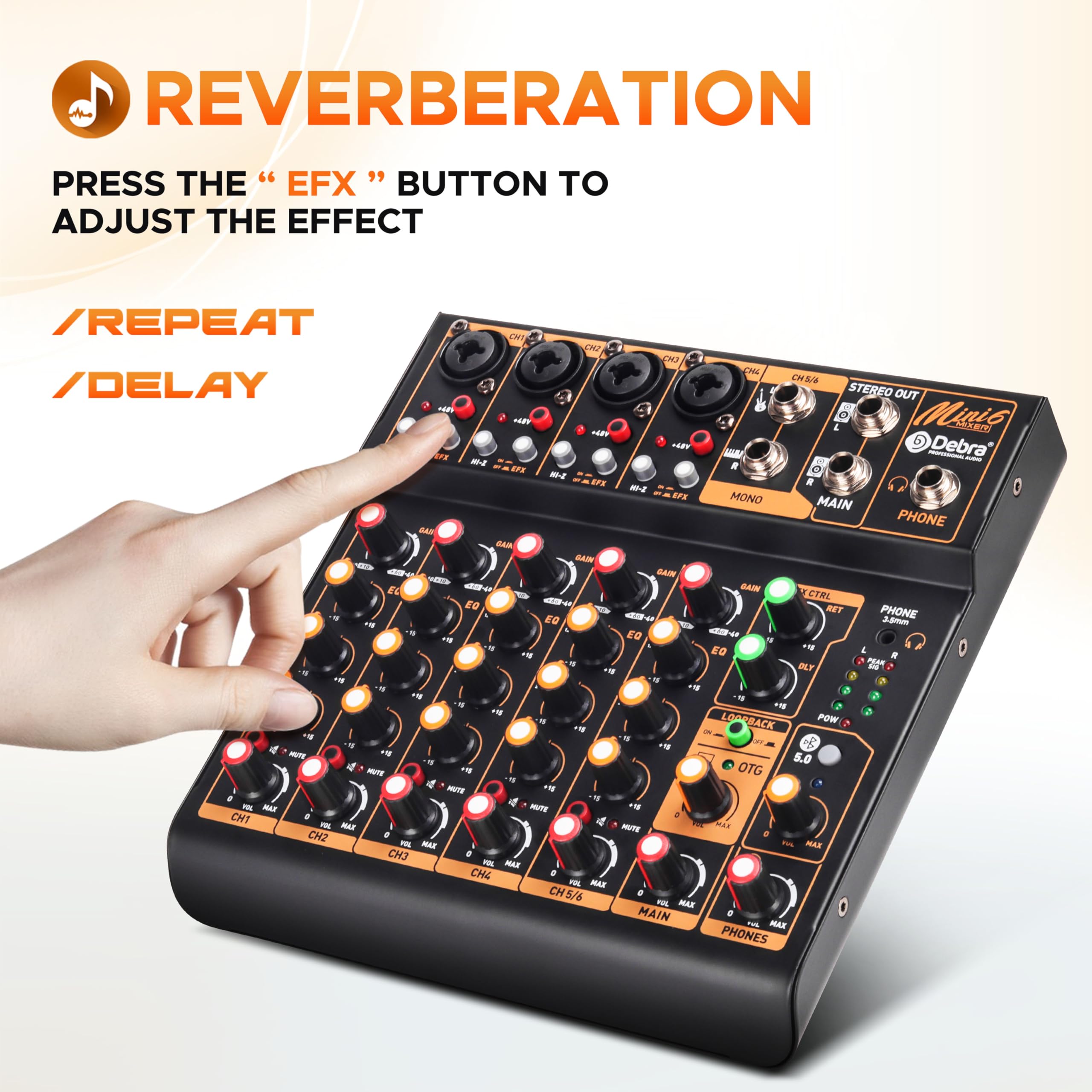 Mini6 Mixer Audio Professionale per DJ – Mixer a 6 Canali con Interfaccia USB, Bluetooth e Alimentazione Phantom 48V – Ideale per Streaming, Podcasting e Performance Live