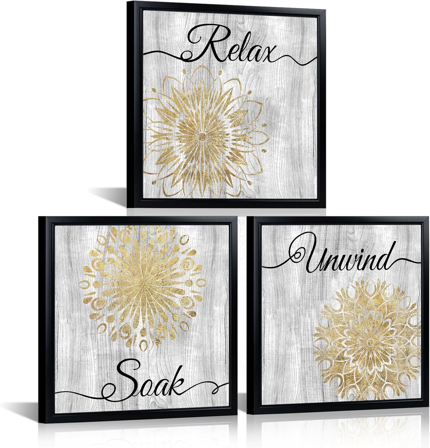 Black Framed Gold Grey Mandala Wall Art Lotus Flower Bathroom Relax Soak Unwind Quote Art Prints Artwork for Living Room, Bedroom, Office & Home Decor