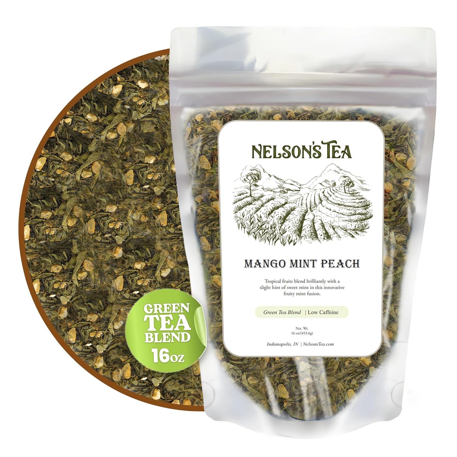 Nelson's Tea Mango Mint Peach - Sencha Green Tea with Ginger Root, Spearmint Leaf, and Dried Mango Loose Leaf Tea (16 oz)