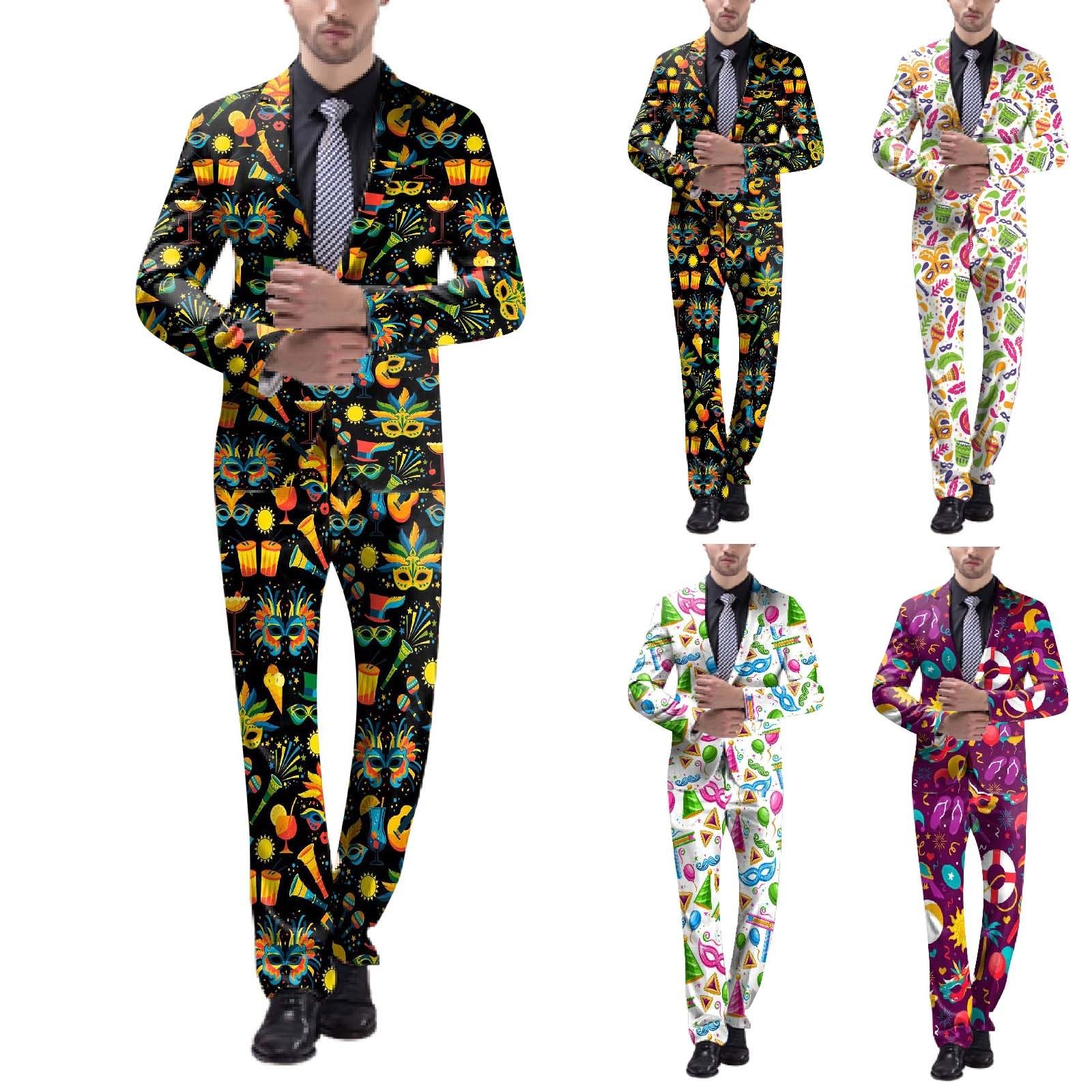 Traje para hombre, carnaval, fiesta temática, disfraz de máscaras divertidas, trajes con estampados coloridos, disfraz de carnaval de los años 60, chaqueta y pantalones, corte ajustado, 2