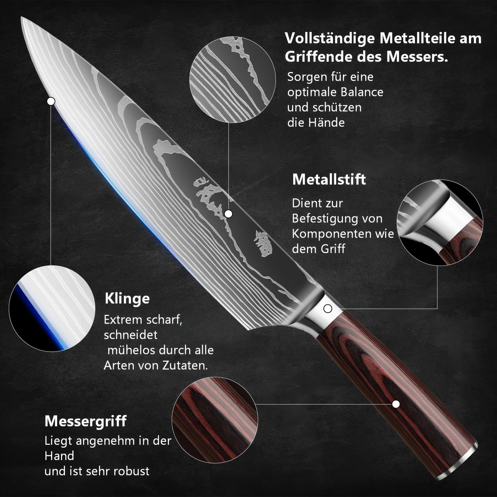 10er Küchenmesser Set, Küchenmesser Set aus Hochwertigem Carbon Edelstahl, Scharfen Klingen, Chefmesser, Hackmesser, Kochmesser, und Ergonomischem Griff, Ideal für Profi und Hobbyköche