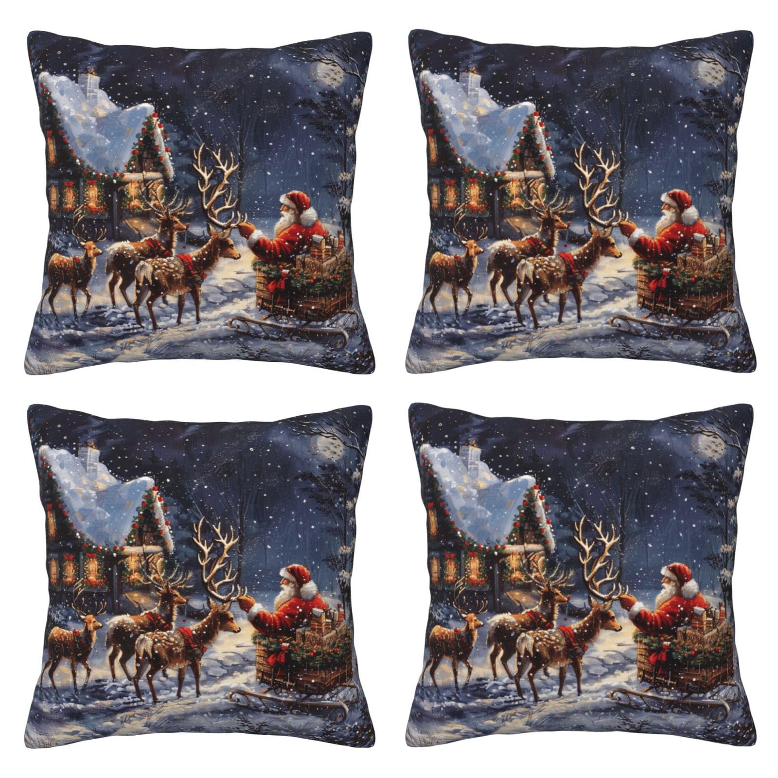 Snow Night Santa and Deer Throw Pillow Cases 4 Pack Square Pillowcases Super Soft Pillow Protectors With Zipper for Couch Livingroom Sofa Bed Office Car,30x30 CM