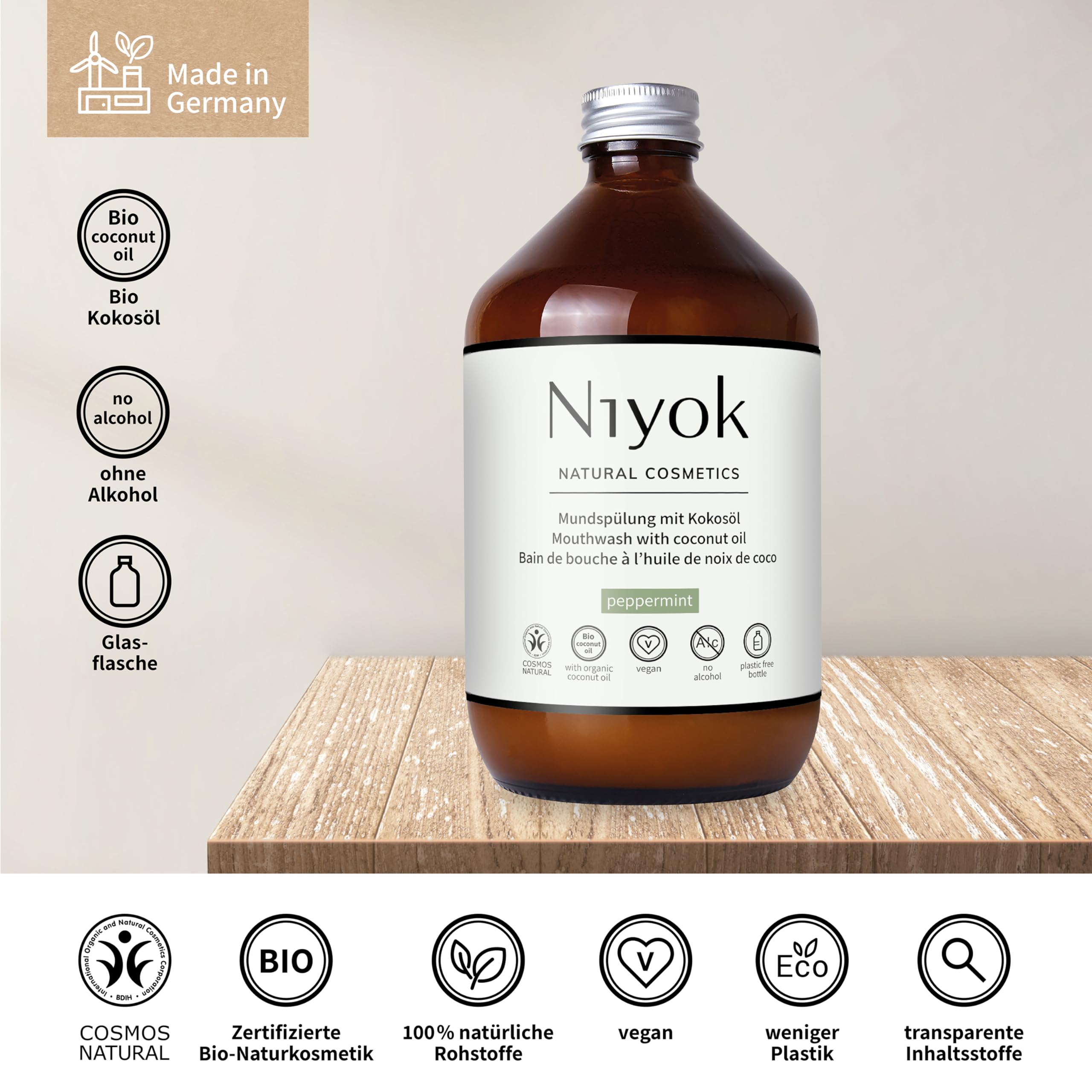 Niyok Mundspülung Pfefferminze 500ml - Alkoholfreies Mundwasser (Packung mit 4)