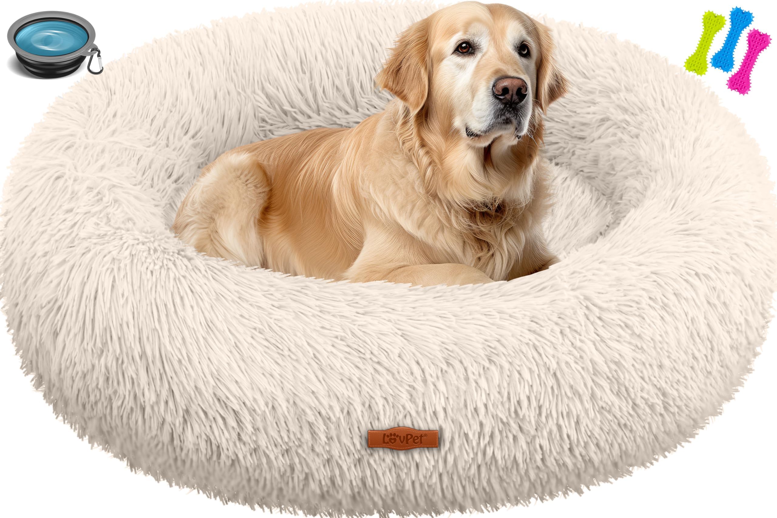 Lovpet® Cama para perros, cojín para gatos, bagel, lavable, incluye cuenco + 3 huesos para masticar, cojín redondo de felpa para perros pequeños, medianos y grandes, gatos [XXL, diámetro 80 cm beige]
