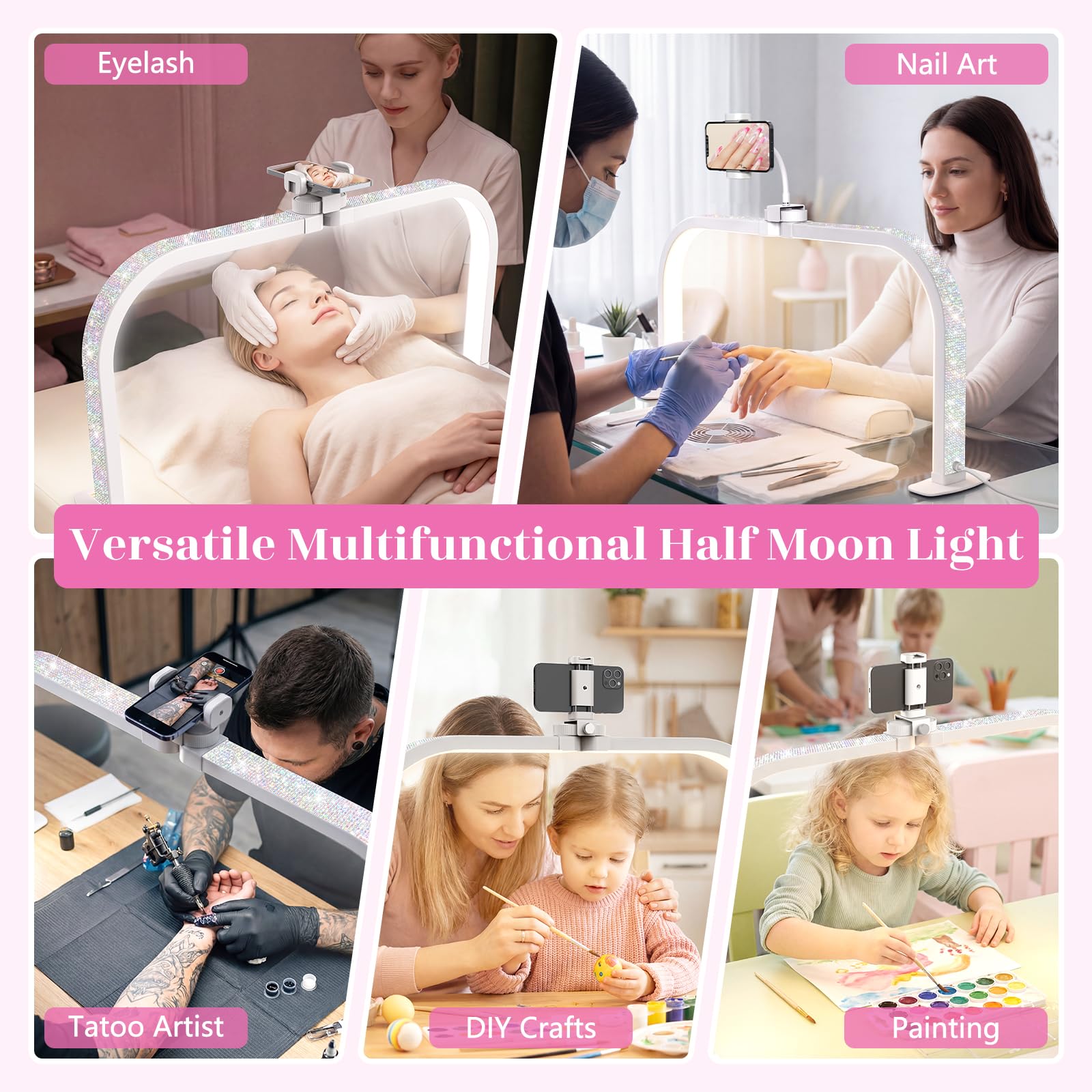 LIONVISON Halbmond Lampe 29 Zoll LED 3 Farbmodi Weiß Kristall Stil | LED Halbmondlampe mit blendarmem Licht - geeignet für Nageldesign Kosmetik und Detailarbeiten