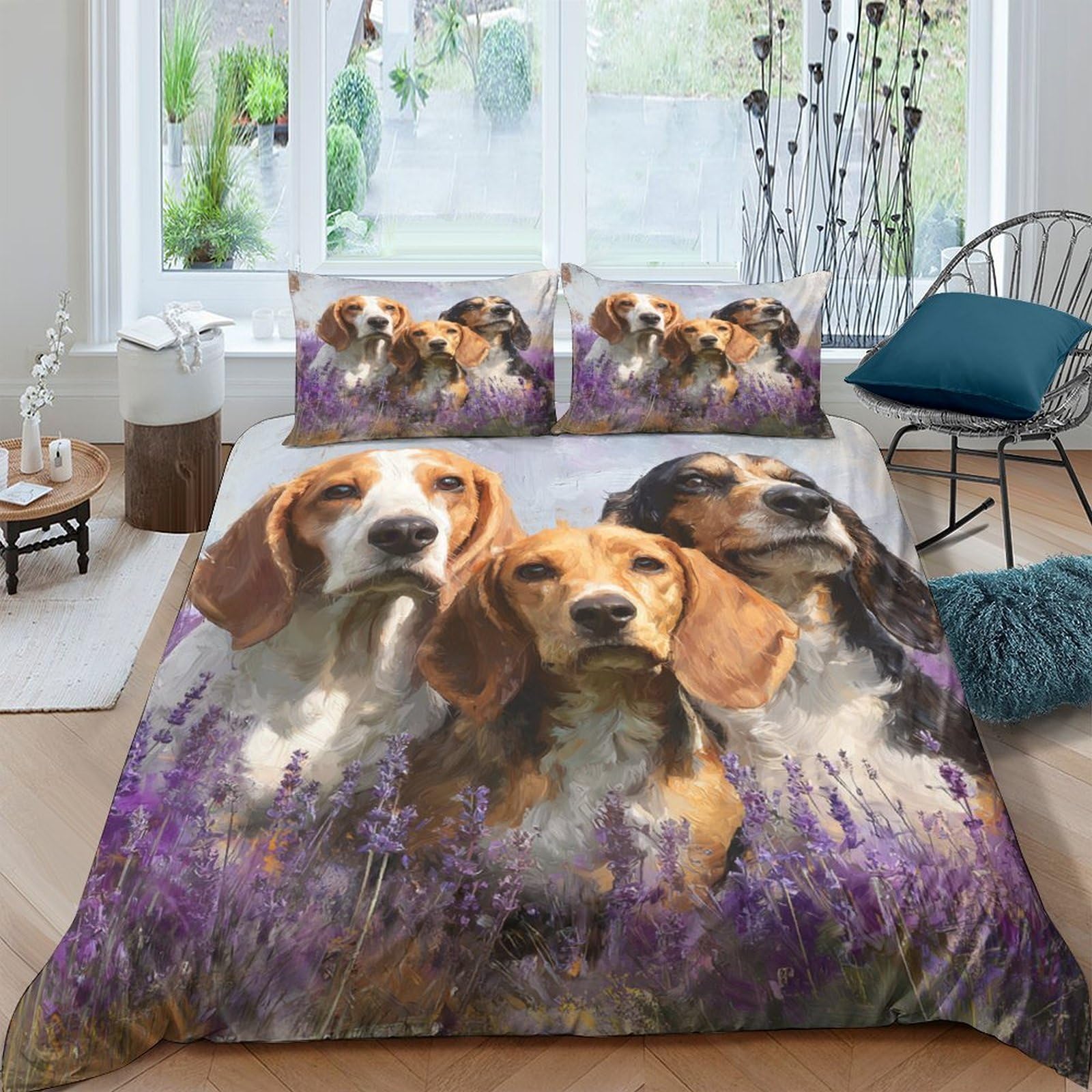 Ctjqhvkz Style-2 3D Printed Beagle Dog Lavender Field Fitted Sheet Microfiber Soft Mattress Cover For Bedroom Home Decor Single（135X200cm）