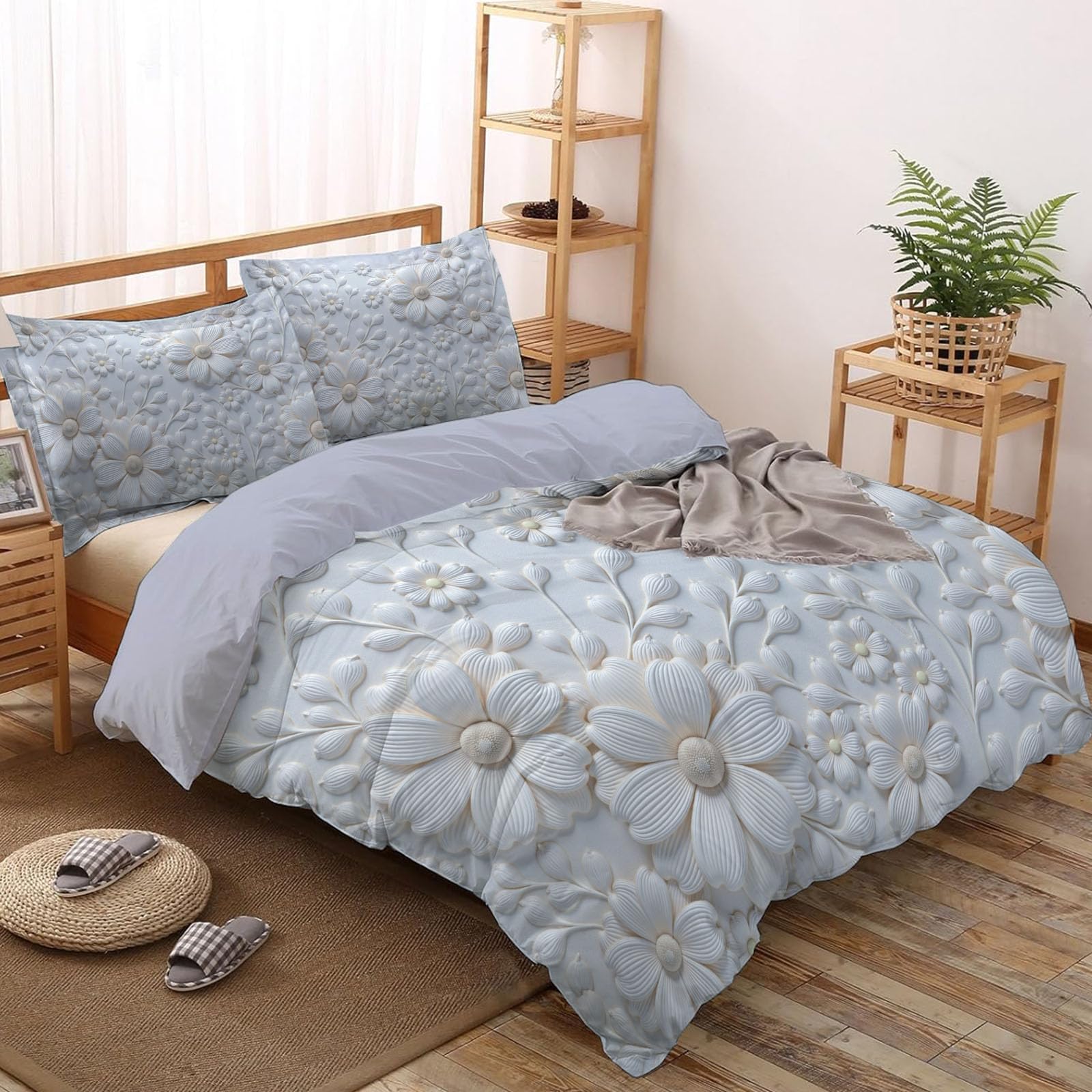Copripiumino Matrimoniale Fiori Che Sbocciano, Set di Biancheria da Letto Microfibra 3 Pezzi, Parure Copri Piumino 260x240CM e 2 Federa 50x75, Beige Copritrapunta con Cerniera