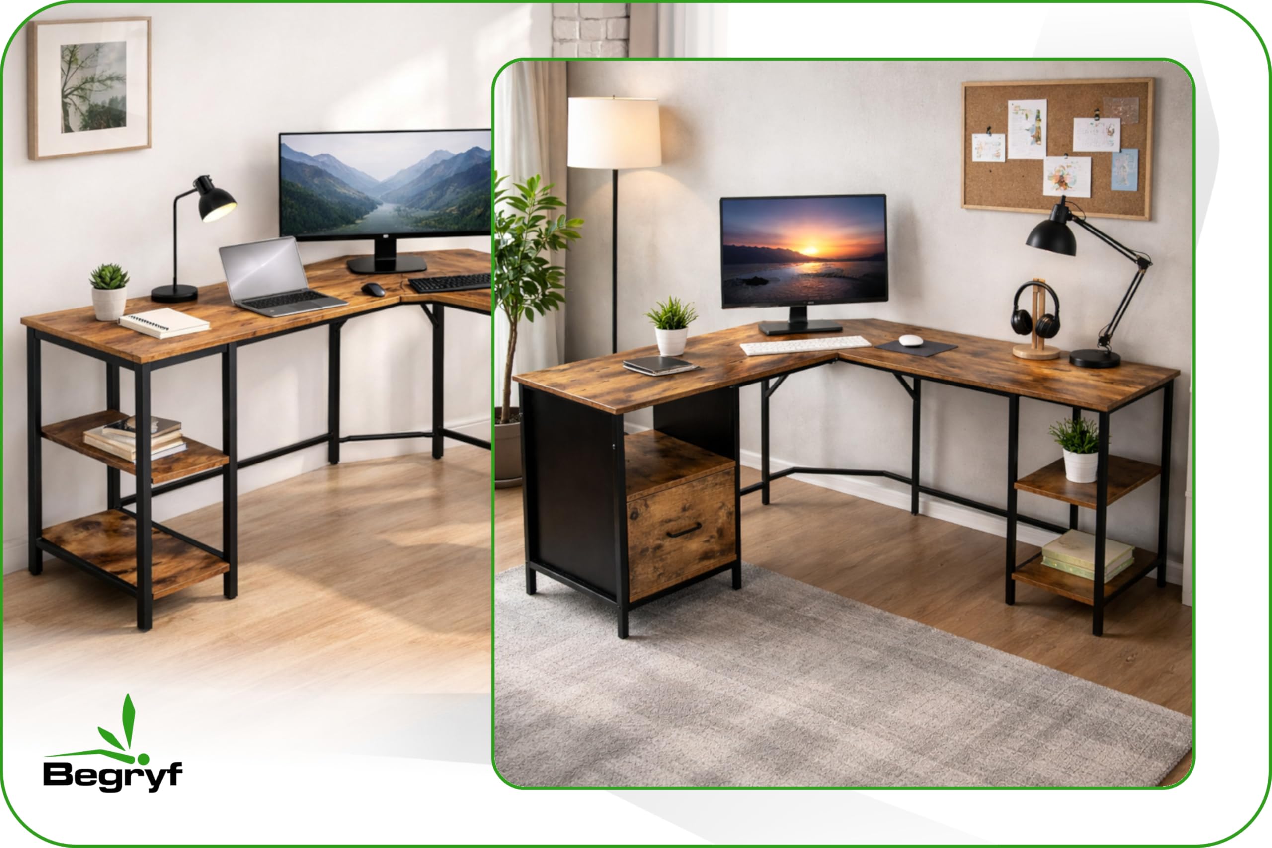 Eckschreibtisch 149 x 149 x 74,5 cm, Computertisch in L-Form, Schreibtisch mit Schublade und 2 Ablagen, MDF in rustikalem Braun, schwarzes Metallgestell, Loft-Stil