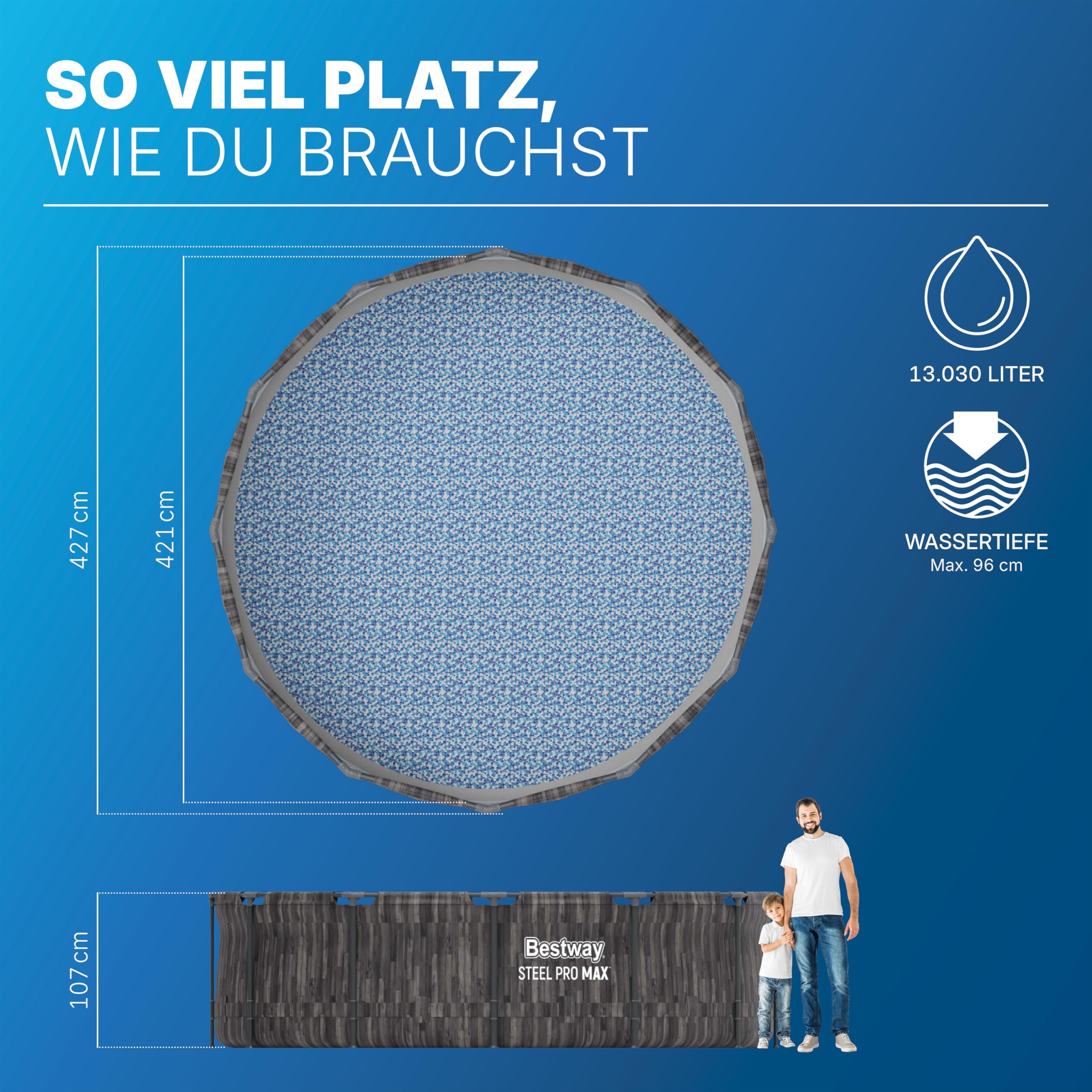 Bestway Steel Pro MAX Solo Pool ohne Zubehör Ø 427 x 107 cm, Holz-Optik (Mooreiche), rund