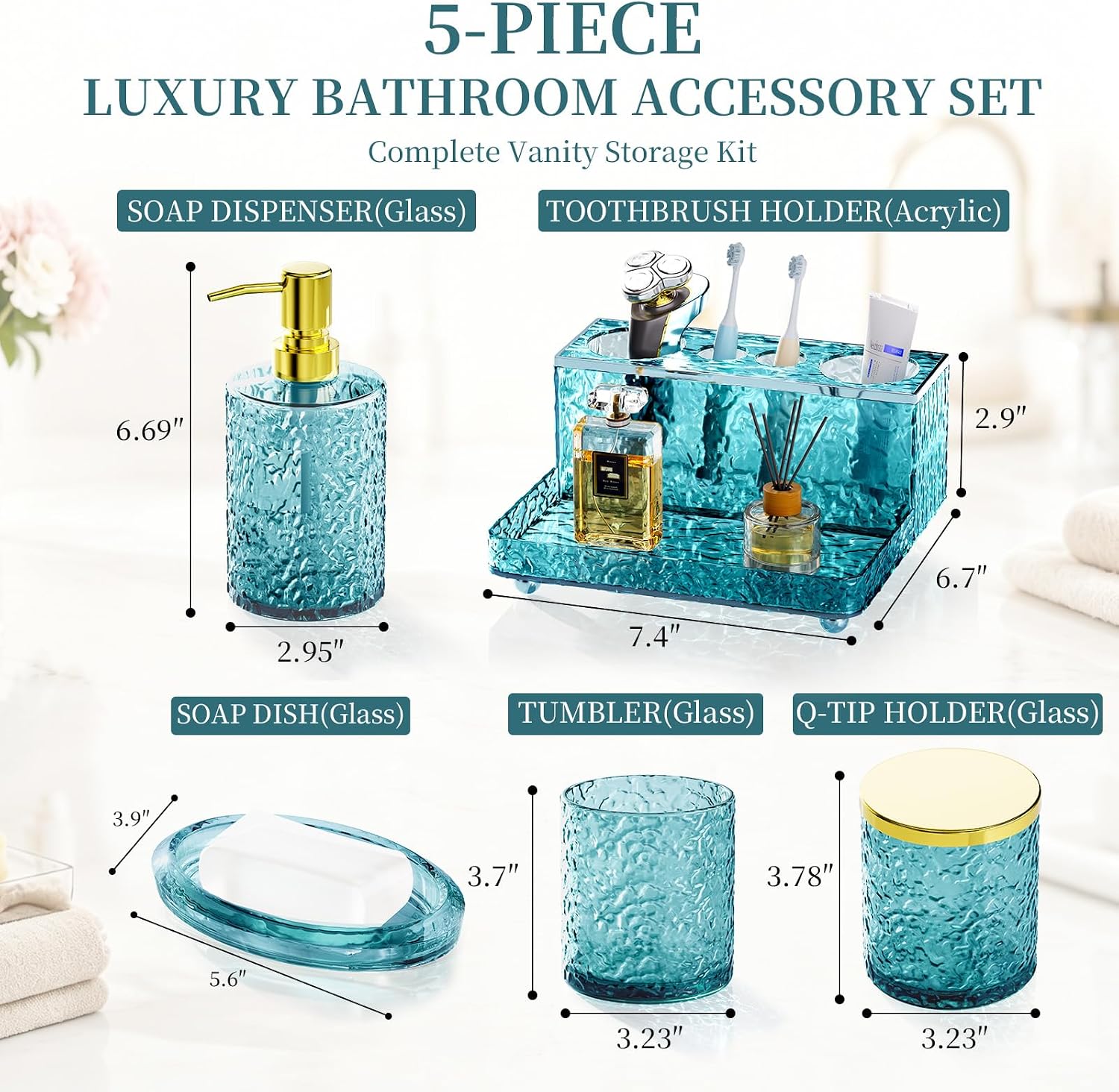 Teal Glass Bathroom Accessories Set 5 Pcs Soap Dispenser Toothbrush Holder