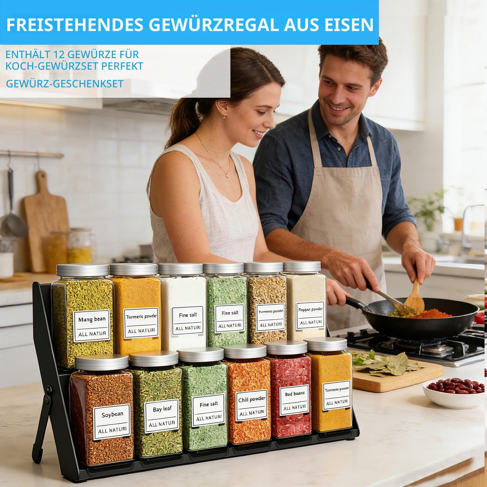 BOIVSHI Platzsparendes 2-in-1-Gewürzregal für den Schrankinnenraum, schwarzer Küchen- und Gewürzorganizer, 3-stufiger Gewürzbehälter-Organizer