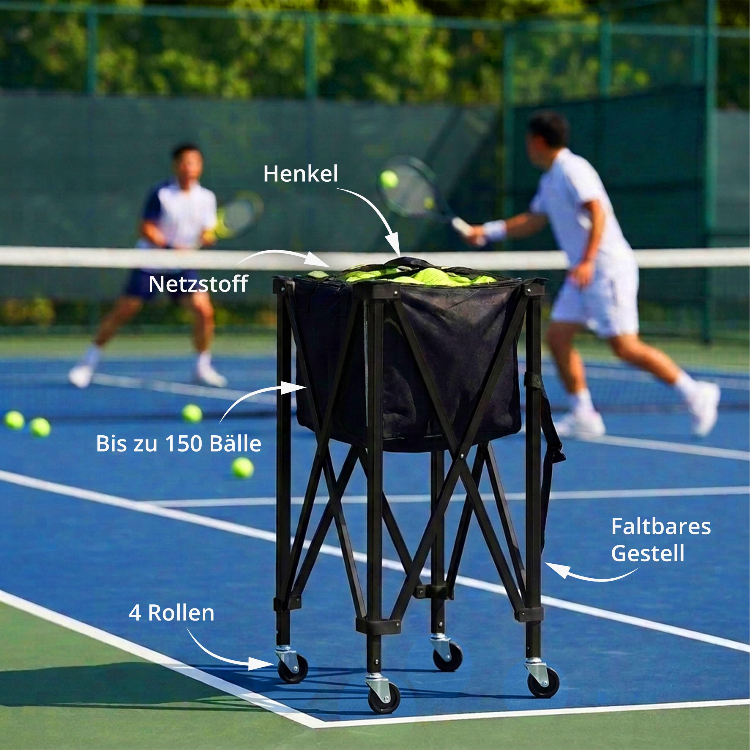 Relaxdays Tennis Ballwagen, für 150 Tennisbälle, mit Rollen & Tasche, faltbar, HBT: 90 x 41 x 41 cm, Tenniskorb, schwarz